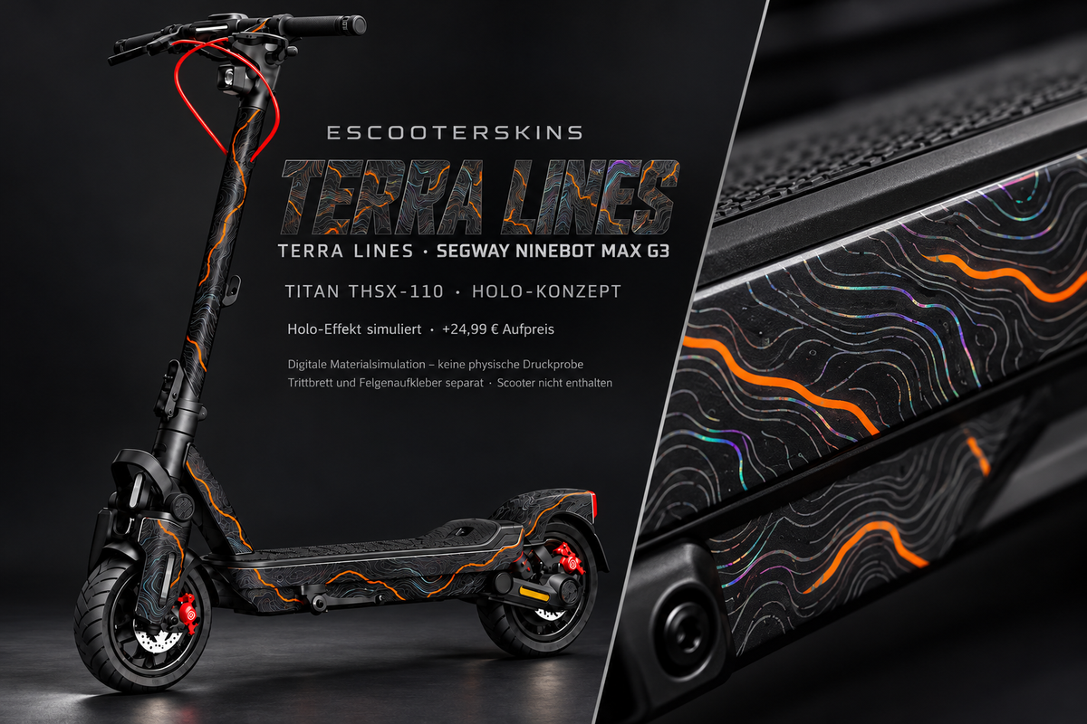 SEGWAY NINEBOT G3 / G3 D / G3 E SKIN | TERRA LINES – Holo-Effekt simuliert; +24,99 EUR Aufpreis. Digitale Materialsimulation, keine physische Druckprobe. Nur Body-Skin; Trittbrett und Felgenaufkleber separat; Scooter nicht enthalten.