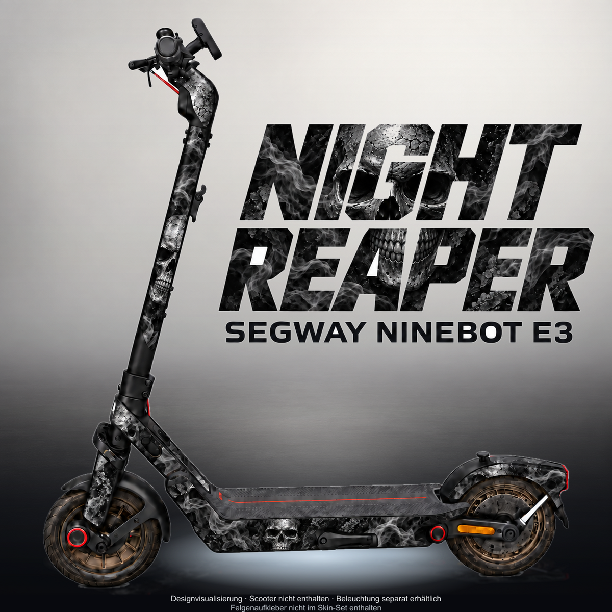 SEGWAY NINEBOT E3 / E3 PRO SKIN | NIGHT REAPER – Designvisualisierung mit Licht in der Skinfarbe; Scooter nicht enthalten, Beleuchtung separat erhältlich