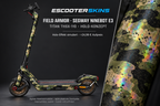 SEGWAY NINEBOT E3 / E3 PRO SKIN | FIELD ARMOR – Holo-Effekt simuliert; +24,99 EUR Aufpreis. Digitale Materialsimulation, keine physische Druckprobe. Nur Body-Skin; Trittbrett und Felgenaufkleber separat; Scooter nicht enthalten.
