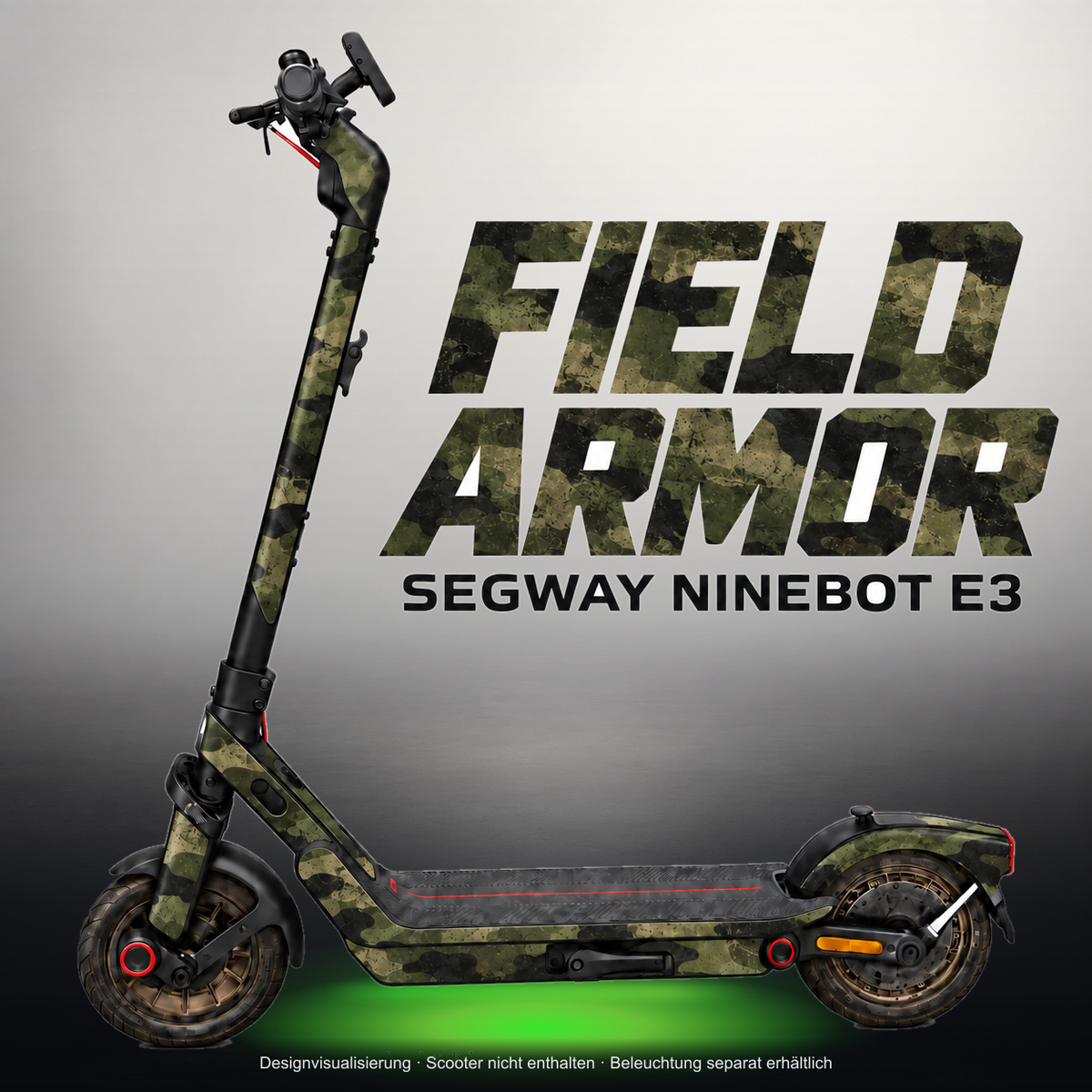 SEGWAY NINEBOT E3 / E3 PRO SKIN | FIELD ARMOR – Studiofoto mit Licht in der Skinfarbe; Scooter und Beleuchtung separat erhältlich