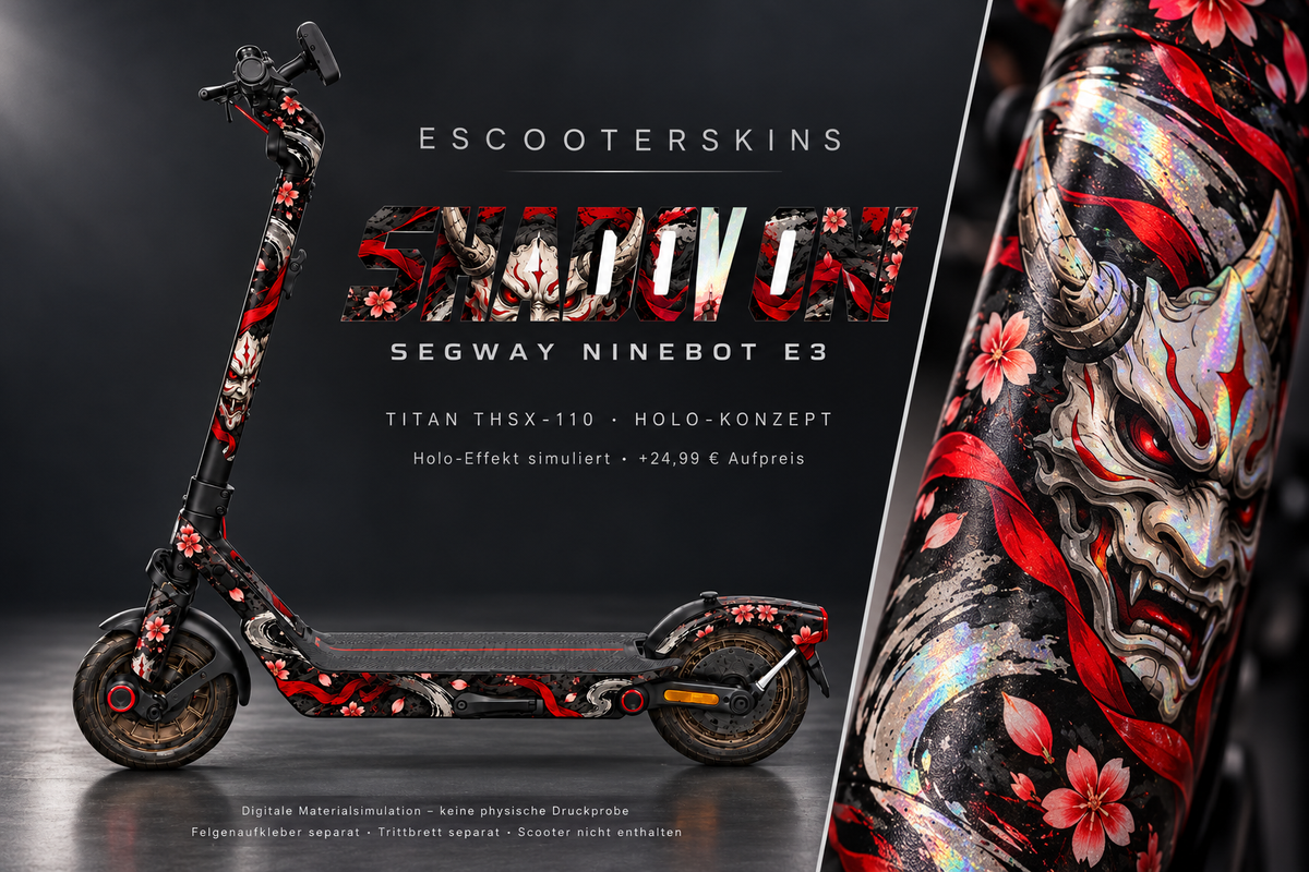 SEGWAY NINEBOT E3 / E3 PRO SKIN | SHADOW ONI – Holo-Effekt simuliert; +24,99 EUR Aufpreis. Digitale Materialsimulation, keine physische Druckprobe. Nur Body-Skin; Trittbrett und Felgenaufkleber separat; Scooter nicht enthalten.
