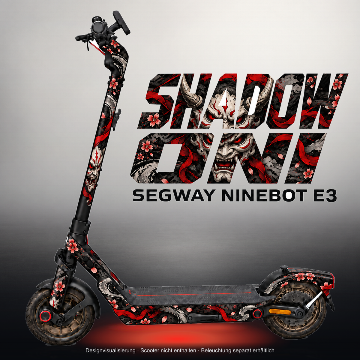 SEGWAY NINEBOT E3 / E3 PRO SKIN | SHADOW ONI – Studiofoto mit Licht in der Skinfarbe; Scooter und Beleuchtung separat erhältlich