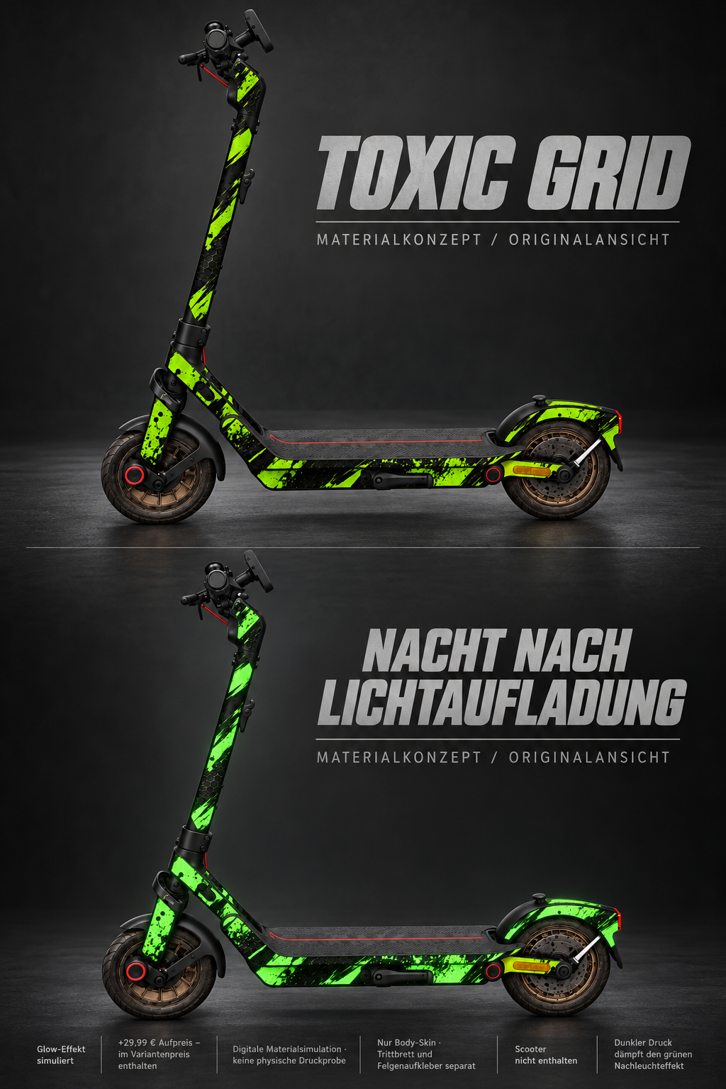 SEGWAY NINEBOT E3 / E3 PRO SKIN | TOXIC GRID · Glow in the Dark · Nachteffekt simuliert · +29,99 € Aufpreis im Preis der gewählten Glow-Variante enthalten · digitale Materialsimulation, keine physische Druckprobe · Nur Body-Skin; Trittbrett und Felgenaufkleber separat; Scooter nicht enthalten.