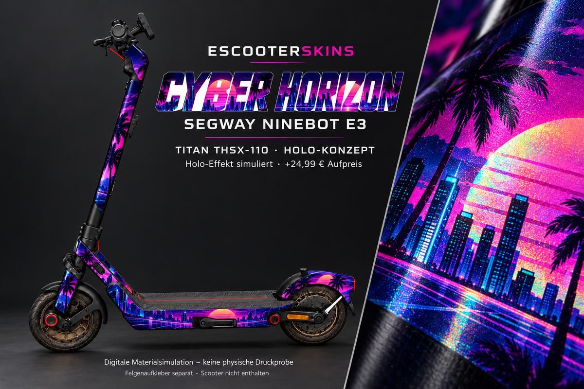 SEGWAY NINEBOT E3 / E3 PRO SKIN | CYBER HORIZON – Holo-Effekt simuliert; +24,99 EUR Aufpreis. Digitale Materialsimulation, keine physische Druckprobe. Nur Body-Skin; Trittbrett und Felgenaufkleber separat; Scooter nicht enthalten.