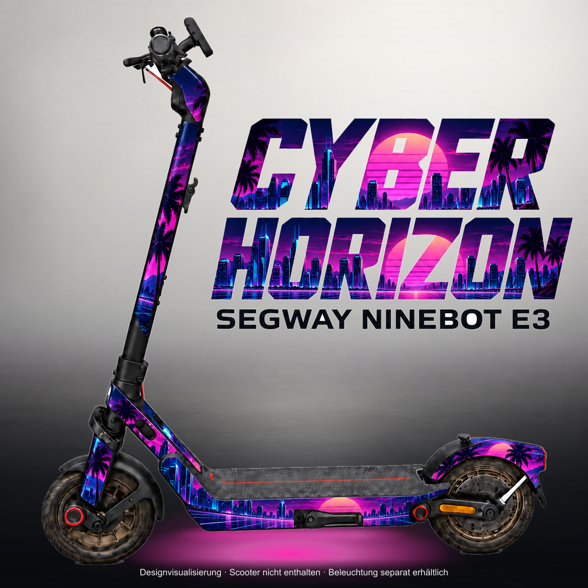 SEGWAY NINEBOT E3 / E3 PRO SKIN | CYBER HORIZON – Studiofoto mit Licht in der Skinfarbe; Scooter und Beleuchtung separat erhältlich
