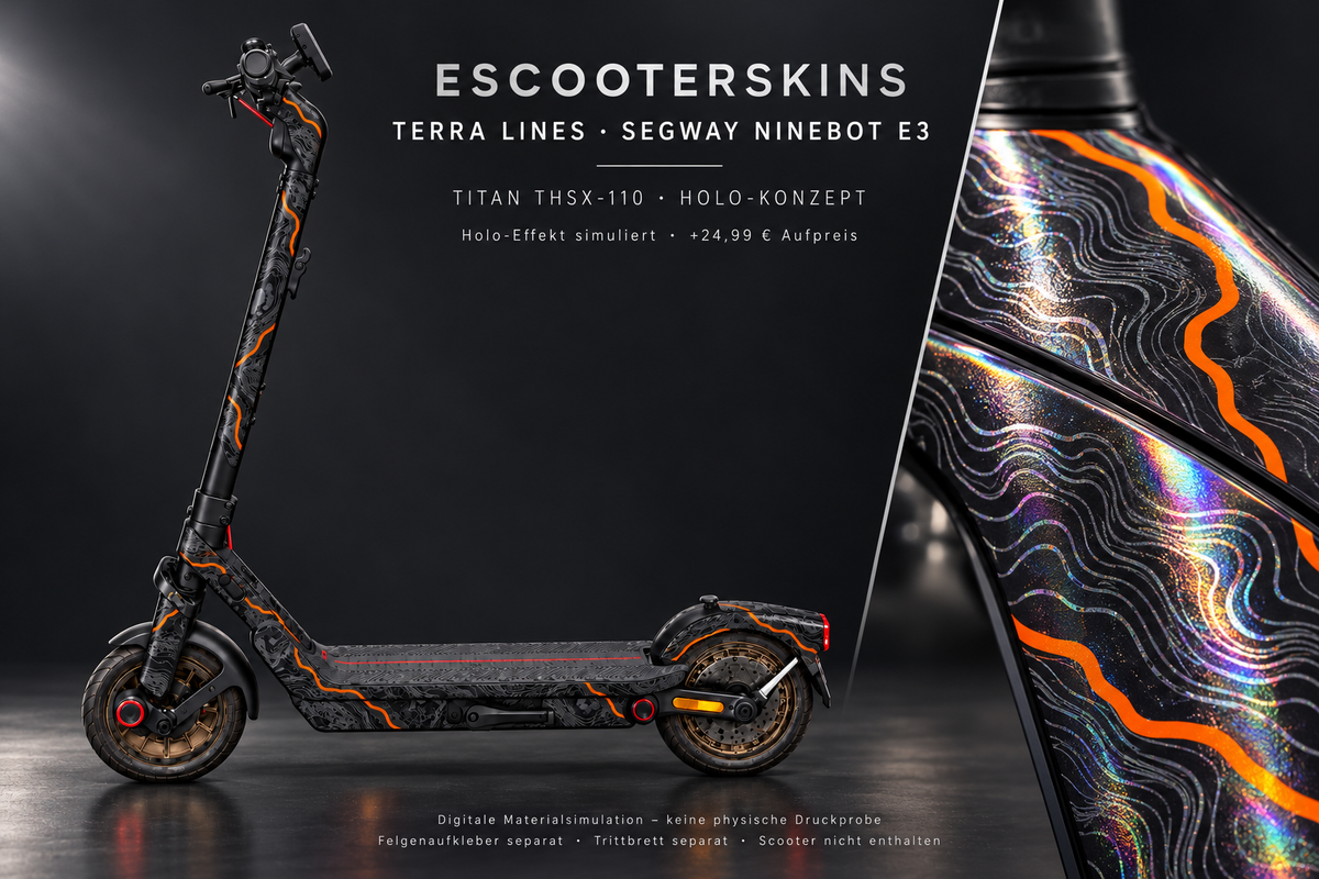 SEGWAY NINEBOT E3 / E3 PRO SKIN | TERRA LINES – Holo-Effekt simuliert; +24,99 EUR Aufpreis. Digitale Materialsimulation, keine physische Druckprobe. Nur Body-Skin; Trittbrett und Felgenaufkleber separat; Scooter nicht enthalten.
