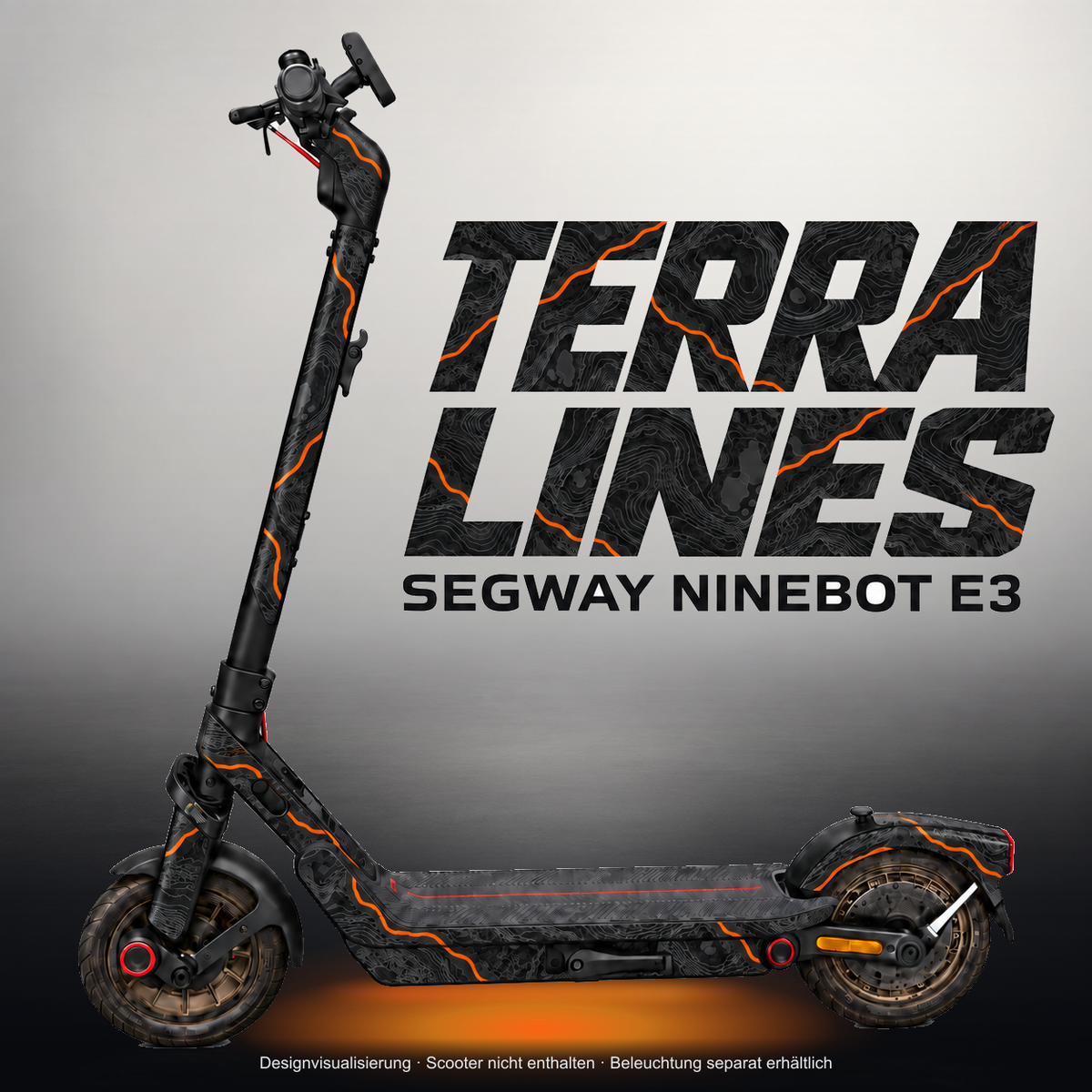 SEGWAY NINEBOT E3 / E3 PRO SKIN | TERRA LINES – Studiofoto mit Licht in der Skinfarbe; Scooter und Beleuchtung separat erhältlich