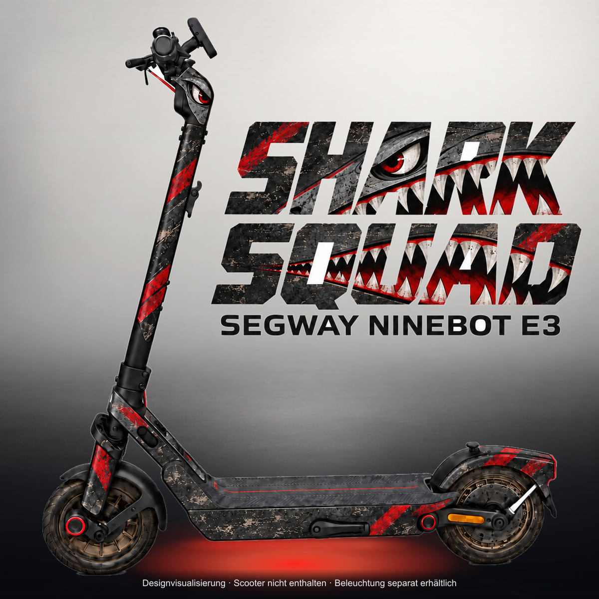 SEGWAY NINEBOT E3 / E3 PRO SKIN | SHARK SQUAD – Studiofoto mit Licht in der Skinfarbe; Scooter und Beleuchtung separat erhältlich