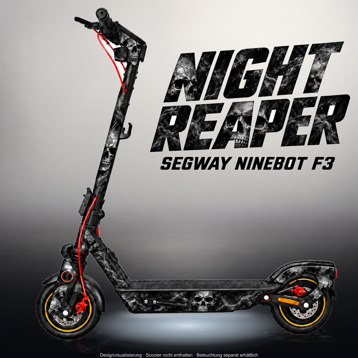 SEGWAY NINEBOT F3 / F3 PRO SKIN | NIGHT REAPER – Studiofoto mit Licht in der Skinfarbe; Scooter und Beleuchtung separat erhältlich