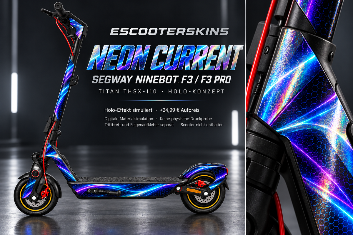 SEGWAY NINEBOT F3 / F3 PRO SKIN | NEON CURRENT – Holo-Effekt simuliert; +24,99 EUR Aufpreis. Digitale Materialsimulation, keine physische Druckprobe. Nur Body-Skin; Trittbrett und Felgenaufkleber separat; Scooter nicht enthalten.