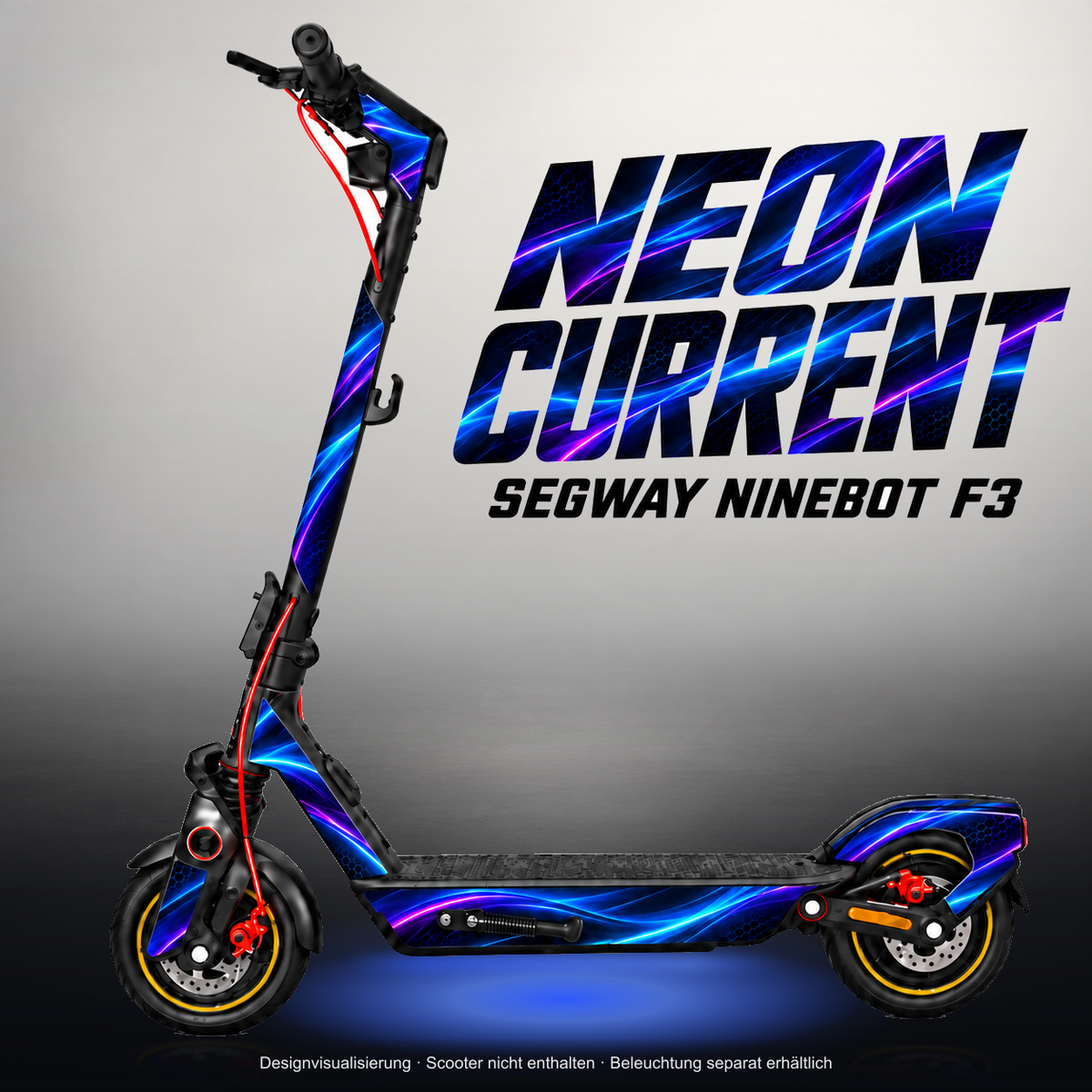 SEGWAY NINEBOT F3 / F3 PRO SKIN | NEON CURRENT – Studiofoto mit Licht in der Skinfarbe; Scooter und Beleuchtung separat erhältlich