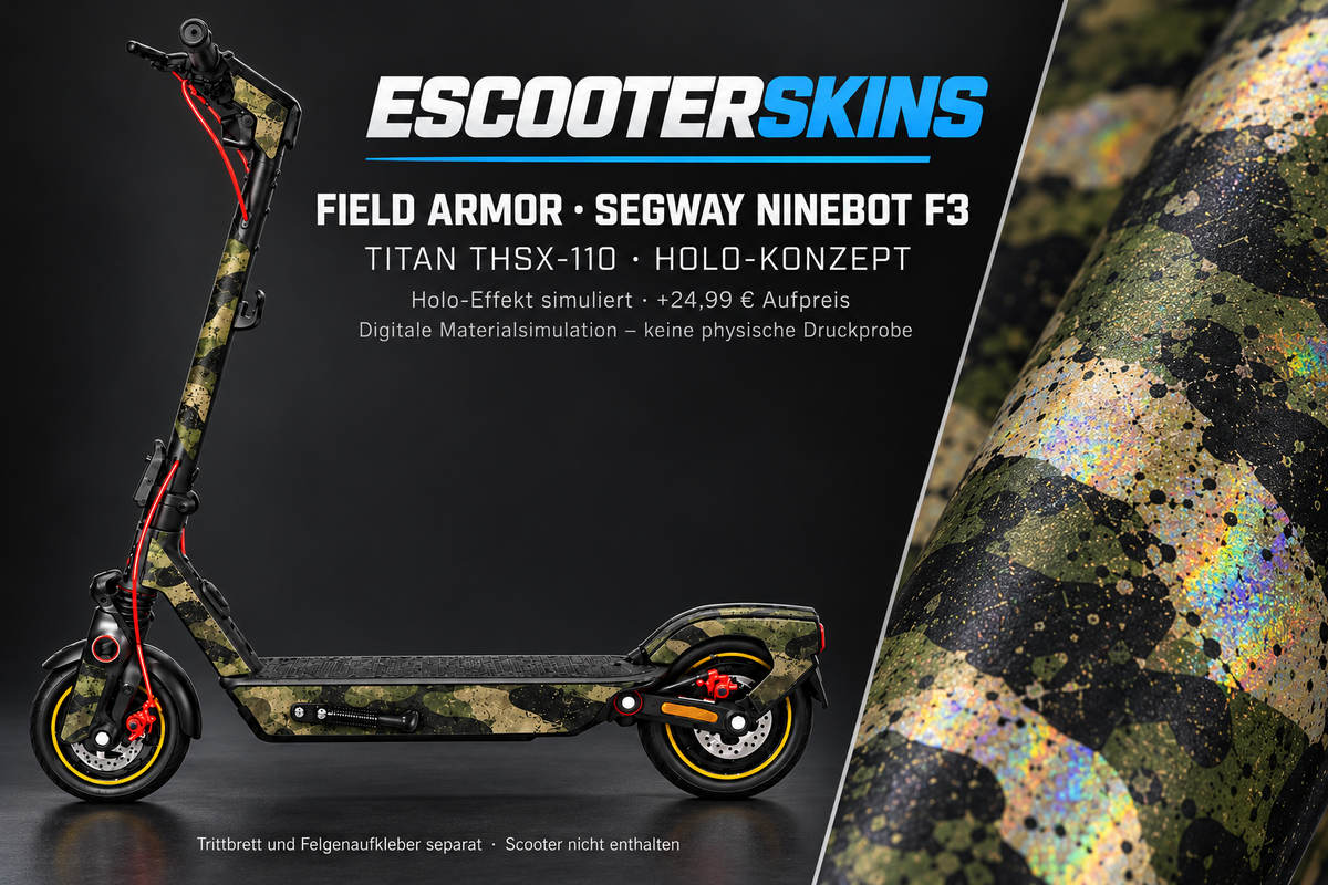 SEGWAY NINEBOT F3 / F3 PRO SKIN | FIELD ARMOR – Holo-Effekt simuliert; +24,99 EUR Aufpreis. Digitale Materialsimulation, keine physische Druckprobe. Nur Body-Skin; Trittbrett und Felgenaufkleber separat; Scooter nicht enthalten.