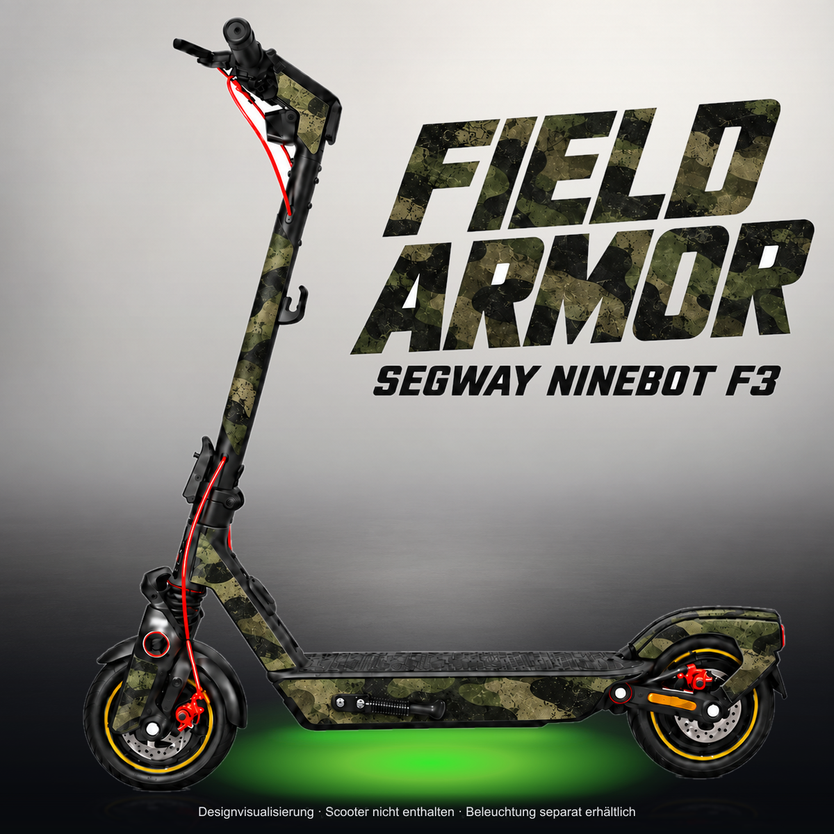 SEGWAY NINEBOT F3 / F3 PRO SKIN | FIELD ARMOR – Studiofoto mit Licht in der Skinfarbe; Scooter und Beleuchtung separat erhältlich