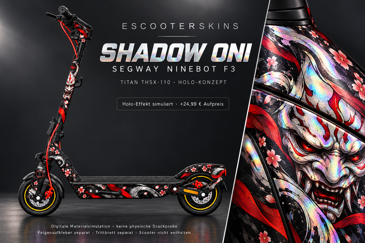 SEGWAY NINEBOT F3 / F3 PRO SKIN | SHADOW ONI – Holo-Effekt simuliert; +24,99 EUR Aufpreis. Digitale Materialsimulation, keine physische Druckprobe. Nur Body-Skin; Trittbrett und Felgenaufkleber separat; Scooter nicht enthalten.