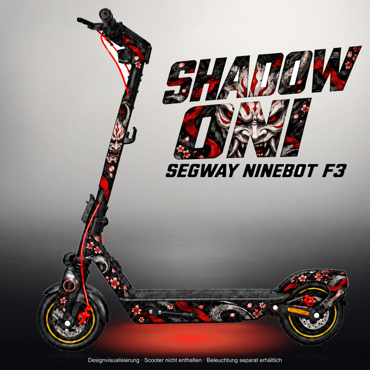 SEGWAY NINEBOT F3 / F3 PRO SKIN | SHADOW ONI – Studiofoto mit Licht in der Skinfarbe; Scooter und Beleuchtung separat erhältlich