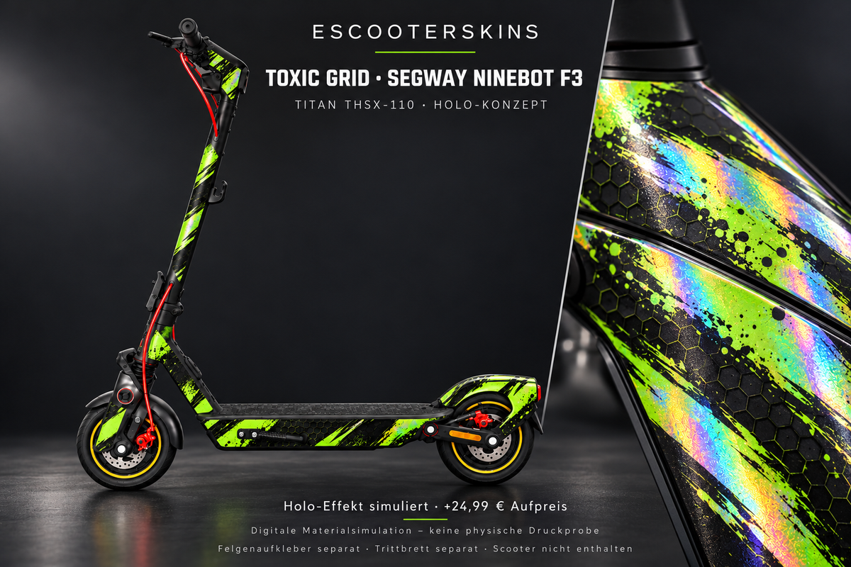 SEGWAY NINEBOT F3 / F3 PRO SKIN | TOXIC GRID – Holo-Effekt simuliert; +24,99 EUR Aufpreis. Digitale Materialsimulation, keine physische Druckprobe. Nur Body-Skin; Trittbrett und Felgenaufkleber separat; Scooter nicht enthalten.