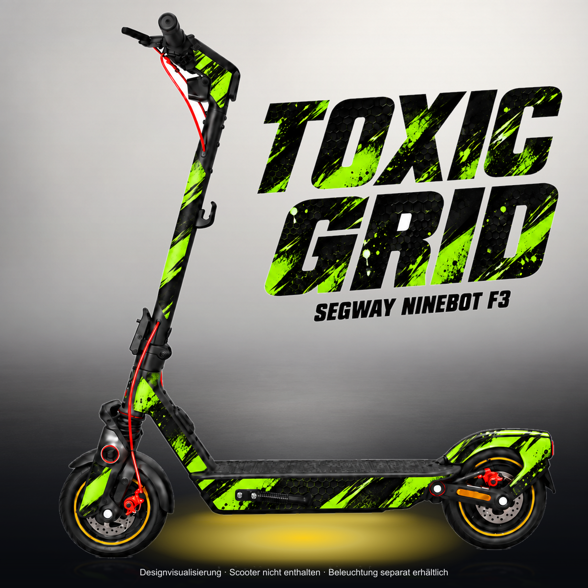 SEGWAY NINEBOT F3 / F3 PRO SKIN | TOXIC GRID – Studiofoto mit Licht in der Skinfarbe; Scooter und Beleuchtung separat erhältlich