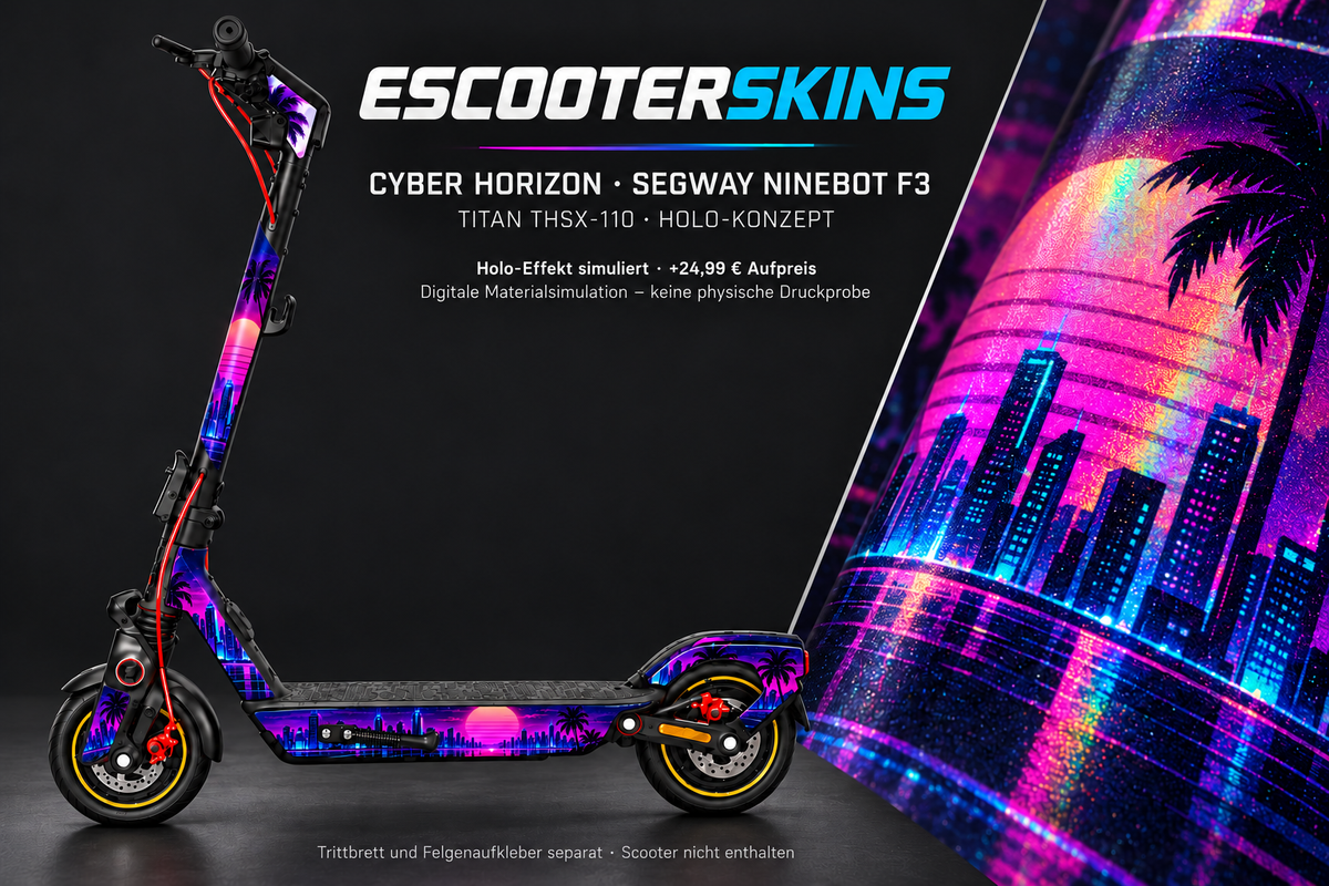 SEGWAY NINEBOT F3 / F3 PRO SKIN | CYBER HORIZON – Holo-Effekt simuliert; +24,99 EUR Aufpreis. Digitale Materialsimulation, keine physische Druckprobe. Nur Body-Skin; Trittbrett und Felgenaufkleber separat; Scooter nicht enthalten.