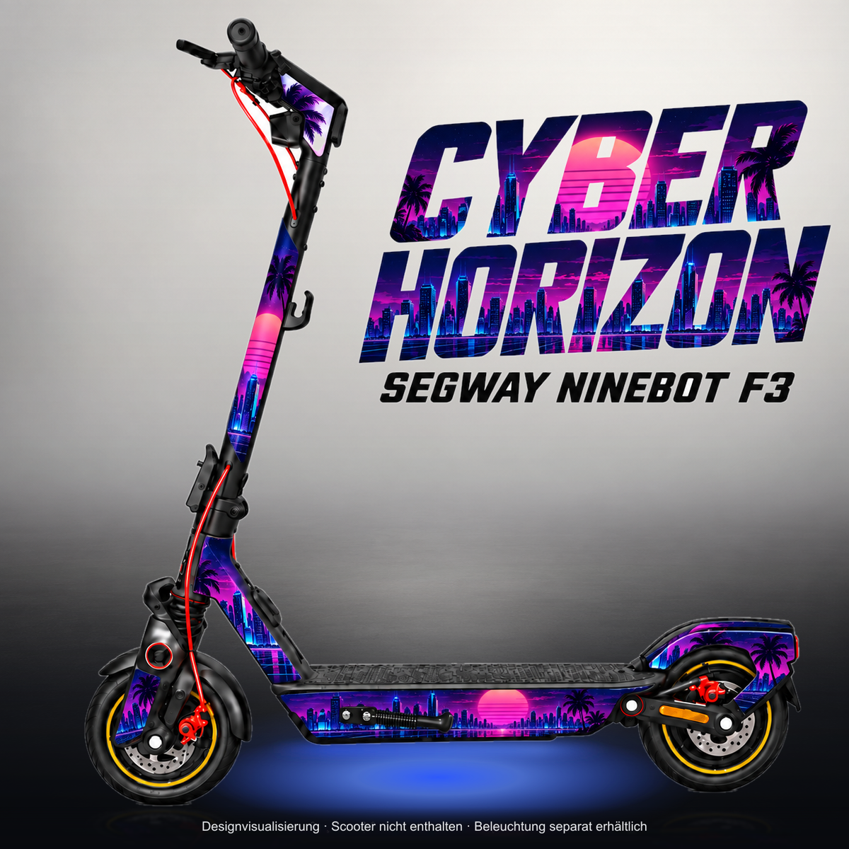 SEGWAY NINEBOT F3 / F3 PRO SKIN | CYBER HORIZON – Studiofoto mit Licht in der Skinfarbe; Scooter und Beleuchtung separat erhältlich
