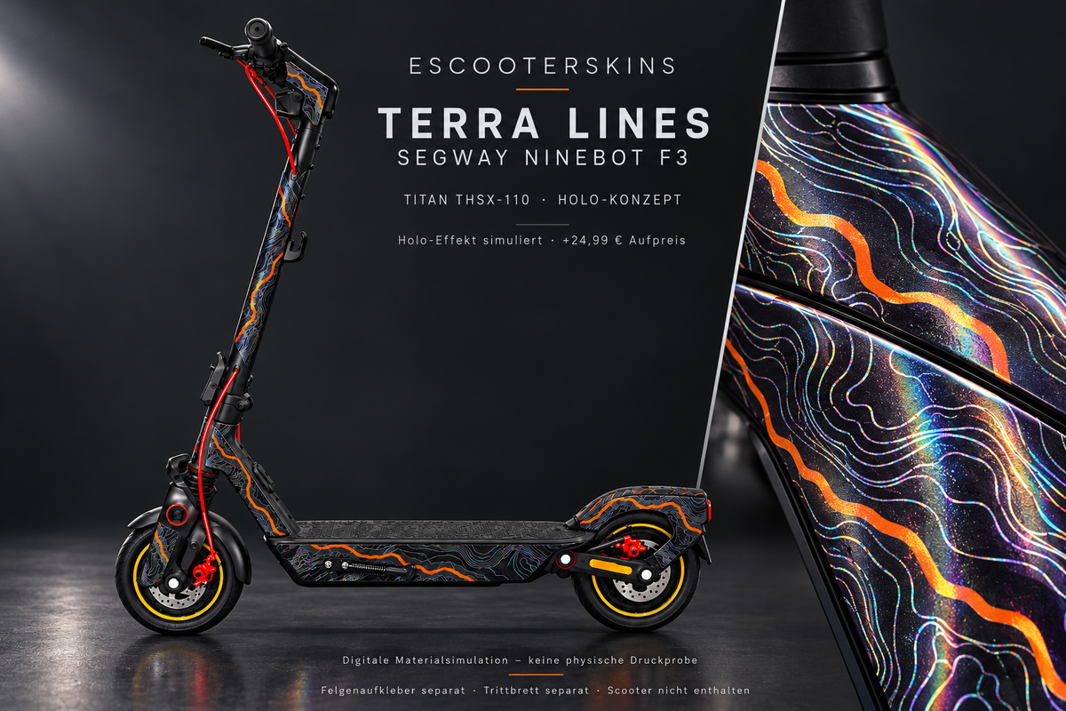 SEGWAY NINEBOT F3 / F3 PRO SKIN | TERRA LINES – Holo-Effekt simuliert; +24,99 EUR Aufpreis. Digitale Materialsimulation, keine physische Druckprobe. Nur Body-Skin; Trittbrett und Felgenaufkleber separat; Scooter nicht enthalten.