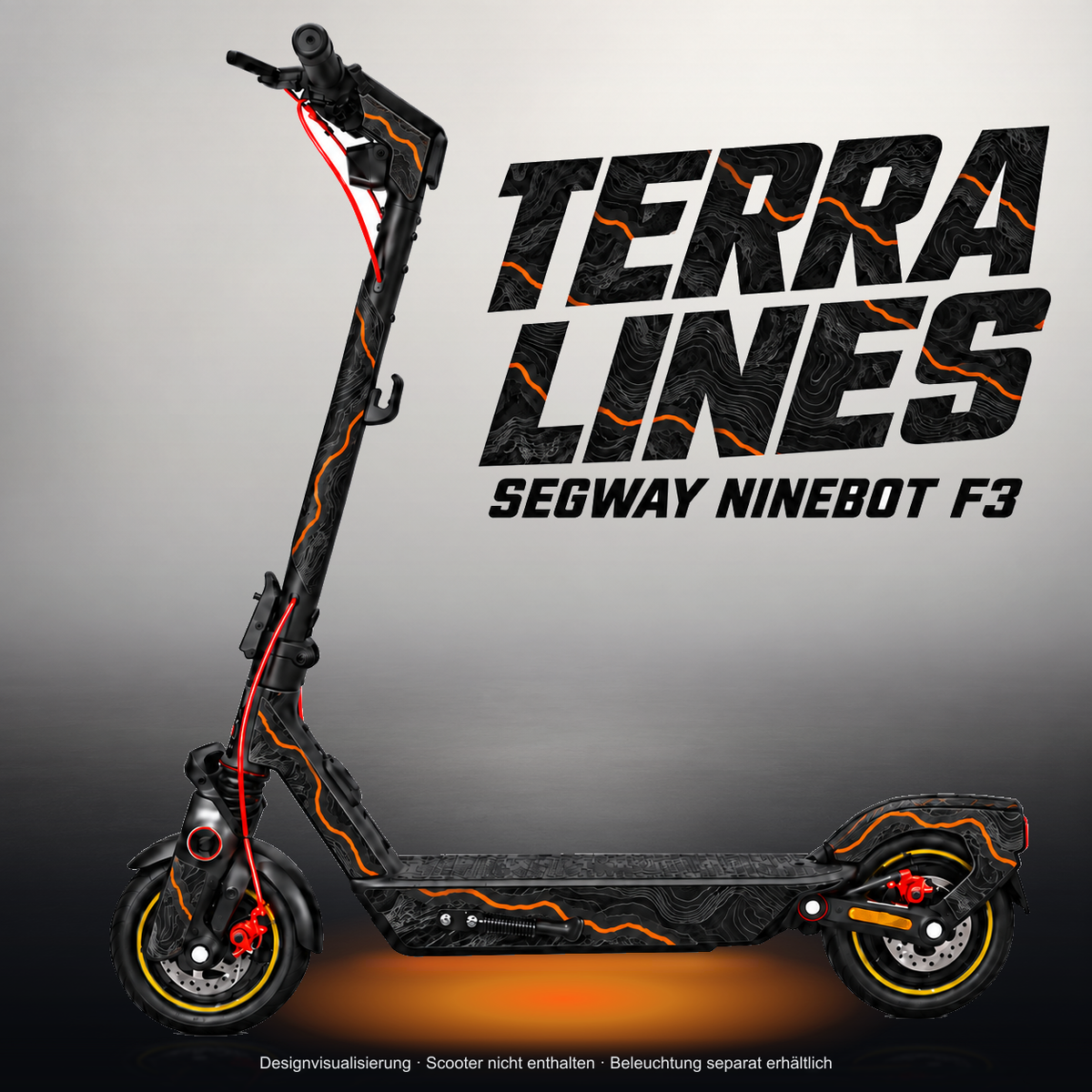 SEGWAY NINEBOT F3 / F3 PRO SKIN | TERRA LINES – Studiofoto mit Licht in der Skinfarbe; Scooter und Beleuchtung separat erhältlich