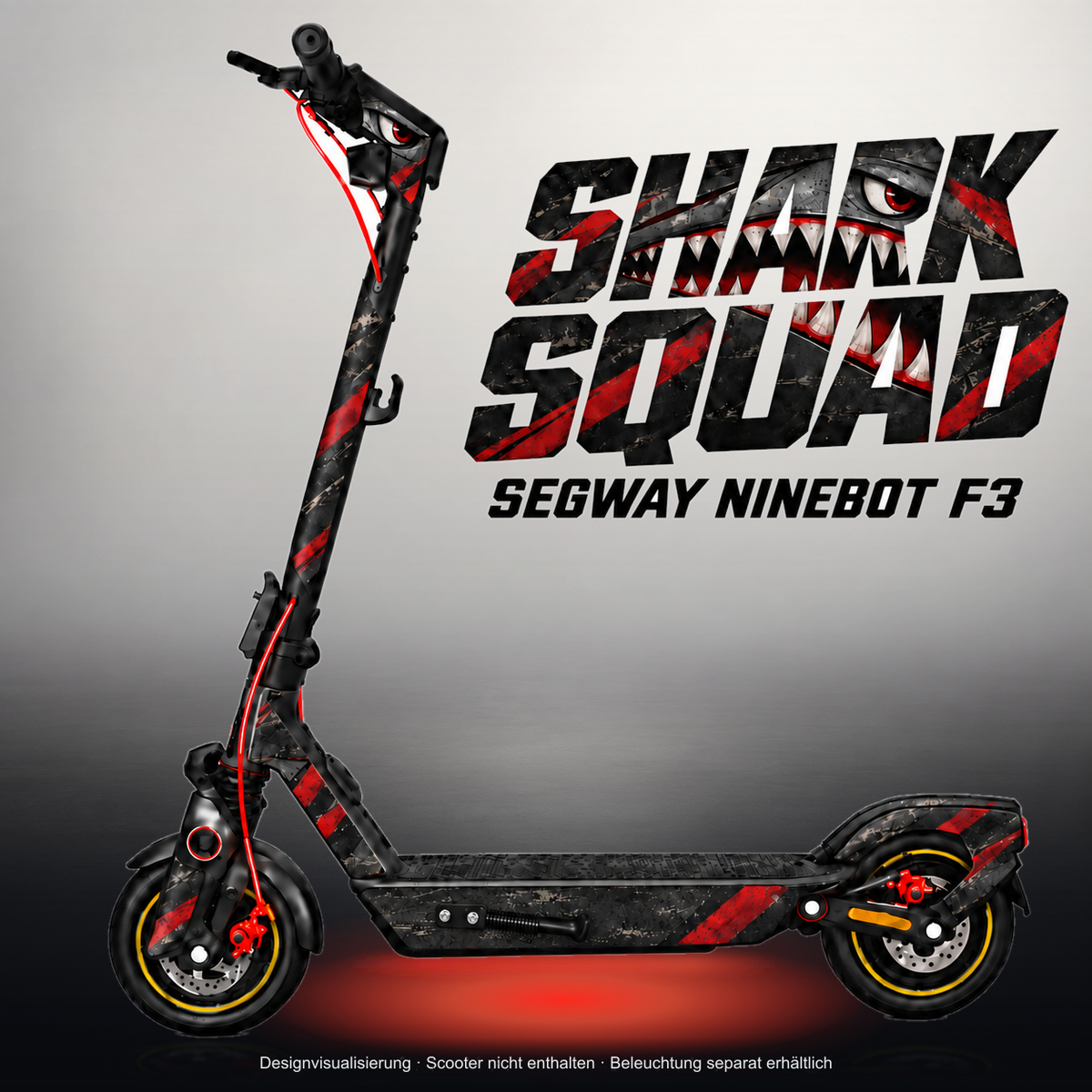 SEGWAY NINEBOT F3 / F3 PRO SKIN | SHARK SQUAD – Studiofoto mit Licht in der Skinfarbe; Scooter und Beleuchtung separat erhältlich