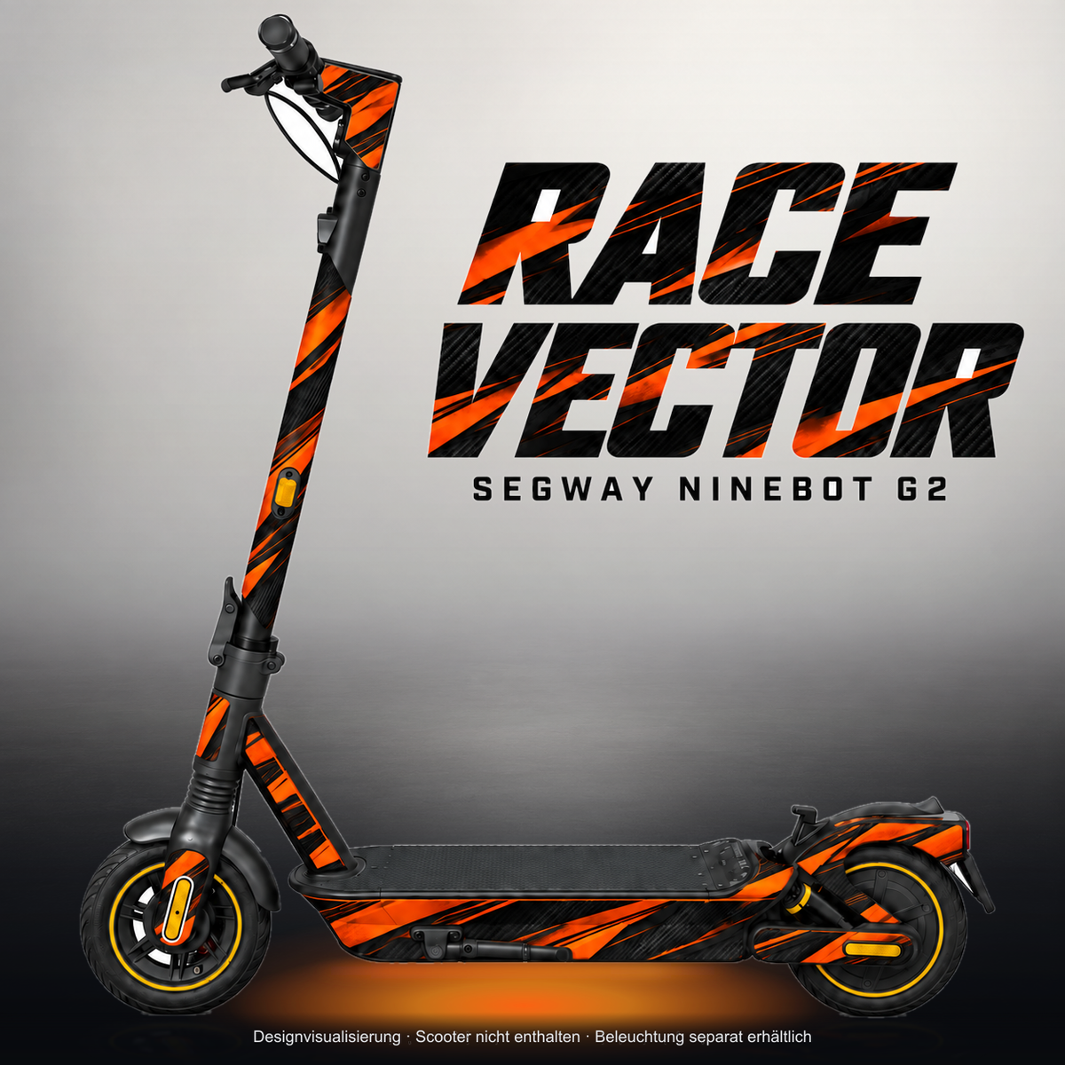 SEGWAY NINEBOT G2 MAX SKIN | RACE VECTOR – Studiofoto mit Licht in der Skinfarbe; Scooter und Beleuchtung separat erhältlich