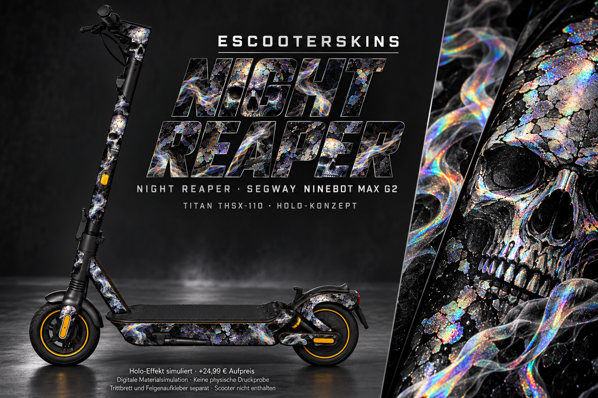 SEGWAY NINEBOT G2 MAX SKIN | NIGHT REAPER – Holo-Effekt simuliert; +24,99 EUR Aufpreis. Digitale Materialsimulation, keine physische Druckprobe. Nur Body-Skin; Trittbrett und Felgenaufkleber separat; Scooter nicht enthalten.