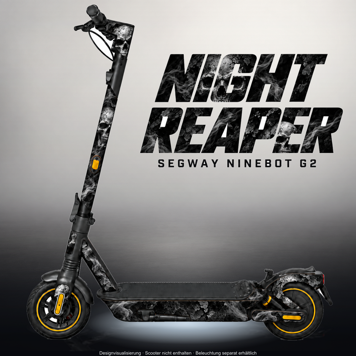 SEGWAY NINEBOT G2 MAX SKIN | NIGHT REAPER – Studiofoto mit Licht in der Skinfarbe; Scooter und Beleuchtung separat erhältlich