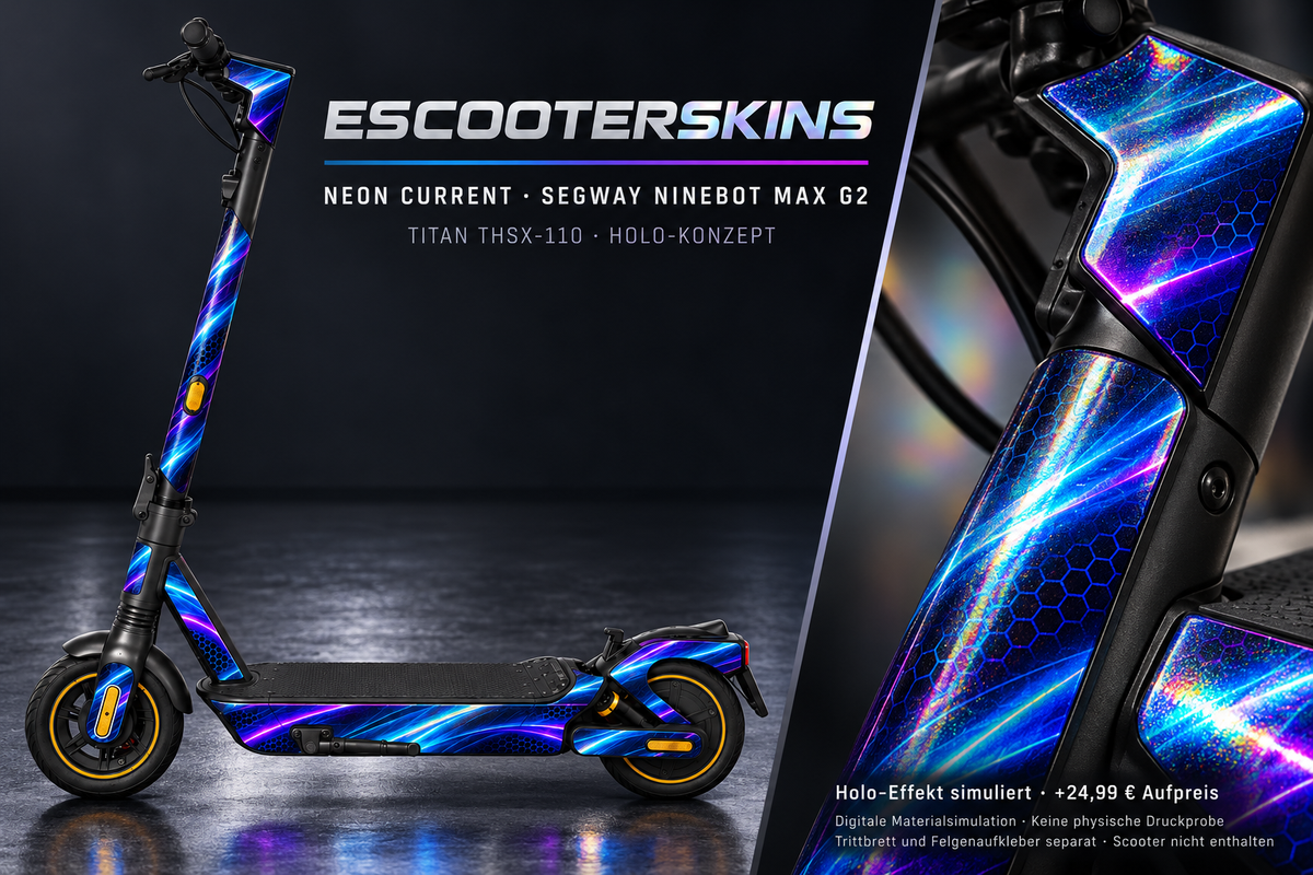 SEGWAY NINEBOT G2 MAX SKIN | NEON CURRENT – Holo-Effekt simuliert; +24,99 EUR Aufpreis. Digitale Materialsimulation, keine physische Druckprobe. Nur Body-Skin; Trittbrett und Felgenaufkleber separat; Scooter nicht enthalten.