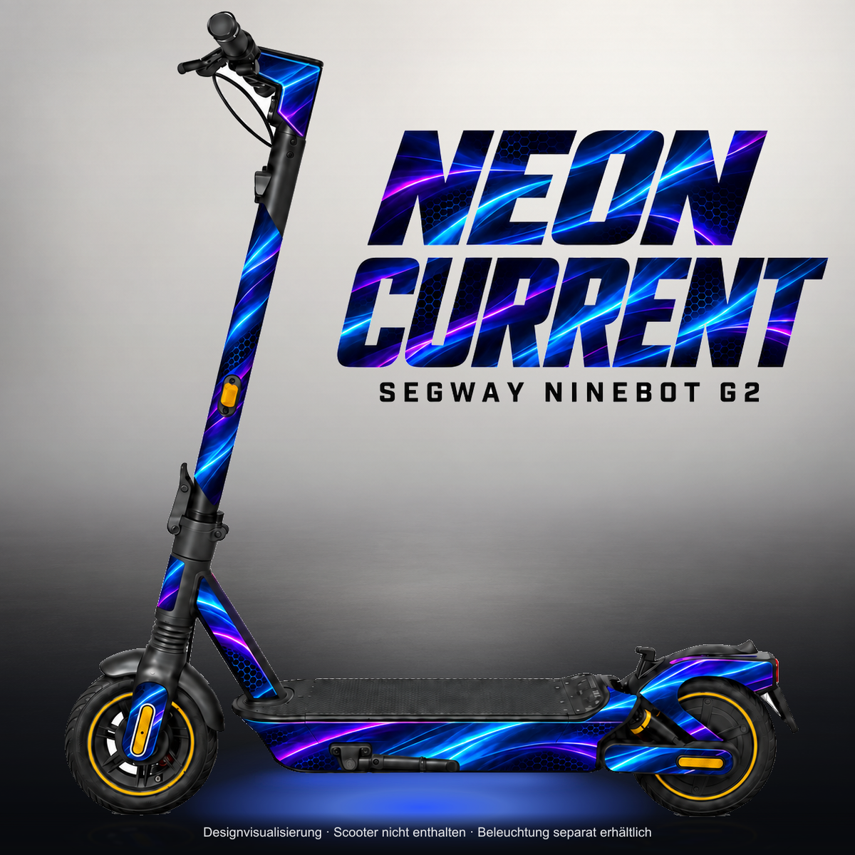 SEGWAY NINEBOT G2 MAX SKIN | NEON CURRENT – Studiofoto mit Licht in der Skinfarbe; Scooter und Beleuchtung separat erhältlich