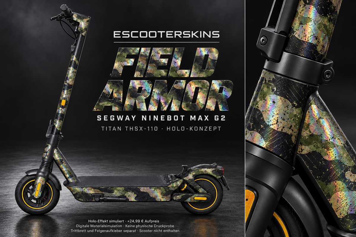 SEGWAY NINEBOT G2 MAX SKIN | FIELD ARMOR – Holo-Effekt simuliert; +24,99 EUR Aufpreis. Digitale Materialsimulation, keine physische Druckprobe. Nur Body-Skin; Trittbrett und Felgenaufkleber separat; Scooter nicht enthalten.