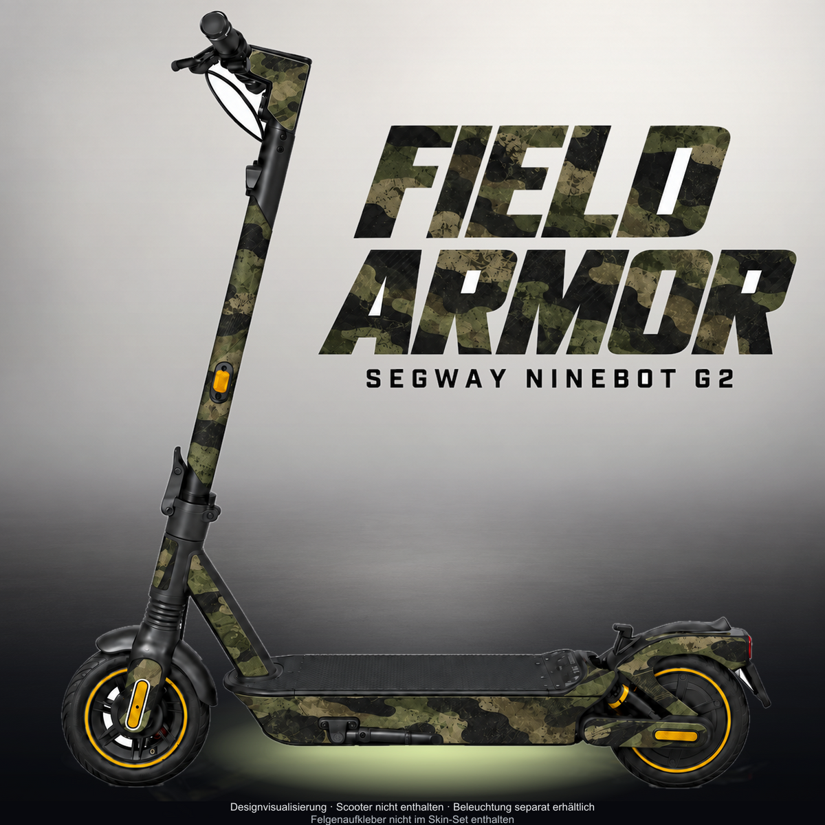 SEGWAY NINEBOT G2 MAX SKIN | FIELD ARMOR – Designvisualisierung mit Licht in der Skinfarbe; Scooter nicht enthalten, Beleuchtung separat erhältlich