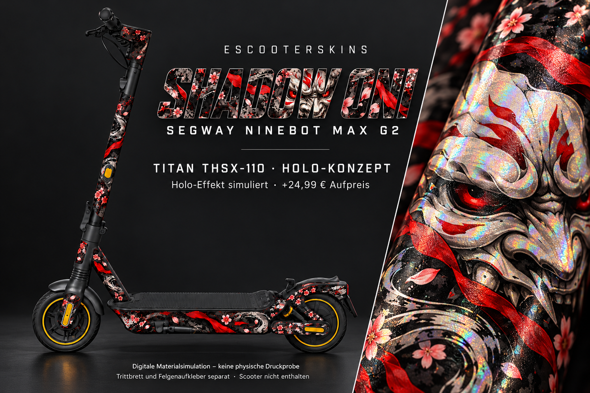 SEGWAY NINEBOT G2 MAX SKIN | SHADOW ONI – Holo-Effekt simuliert; +24,99 EUR Aufpreis. Digitale Materialsimulation, keine physische Druckprobe. Nur Body-Skin; Trittbrett und Felgenaufkleber separat; Scooter nicht enthalten.