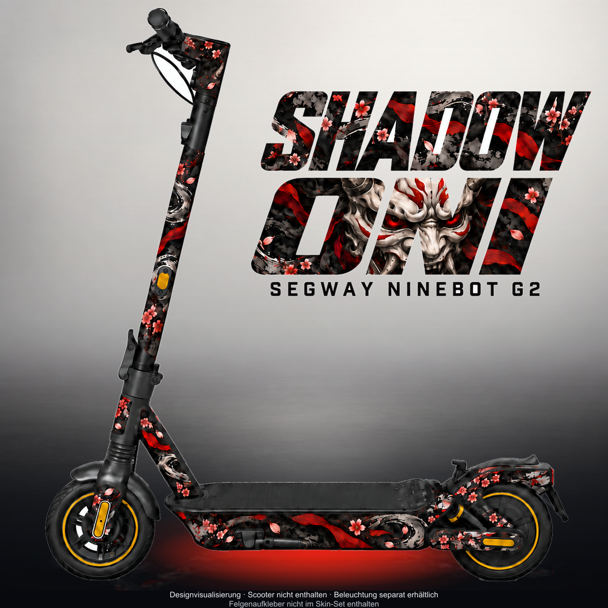 SEGWAY NINEBOT G2 MAX SKIN | SHADOW ONI – Designvisualisierung mit Licht in der Skinfarbe; Scooter nicht enthalten, Beleuchtung separat erhältlich