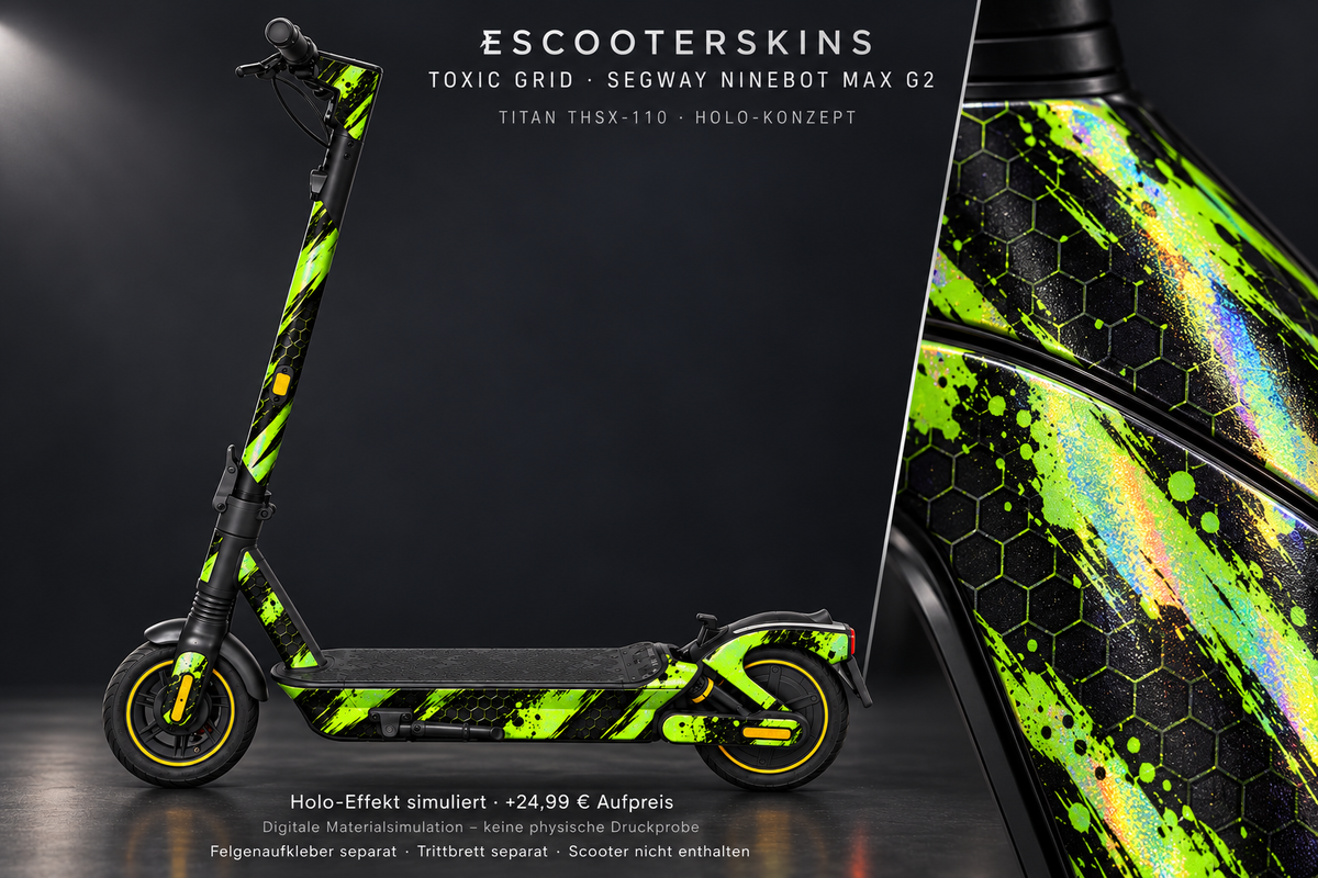 SEGWAY NINEBOT G2 MAX SKIN | TOXIC GRID – Holo-Effekt simuliert; +24,99 EUR Aufpreis. Digitale Materialsimulation, keine physische Druckprobe. Nur Body-Skin; Trittbrett und Felgenaufkleber separat; Scooter nicht enthalten.