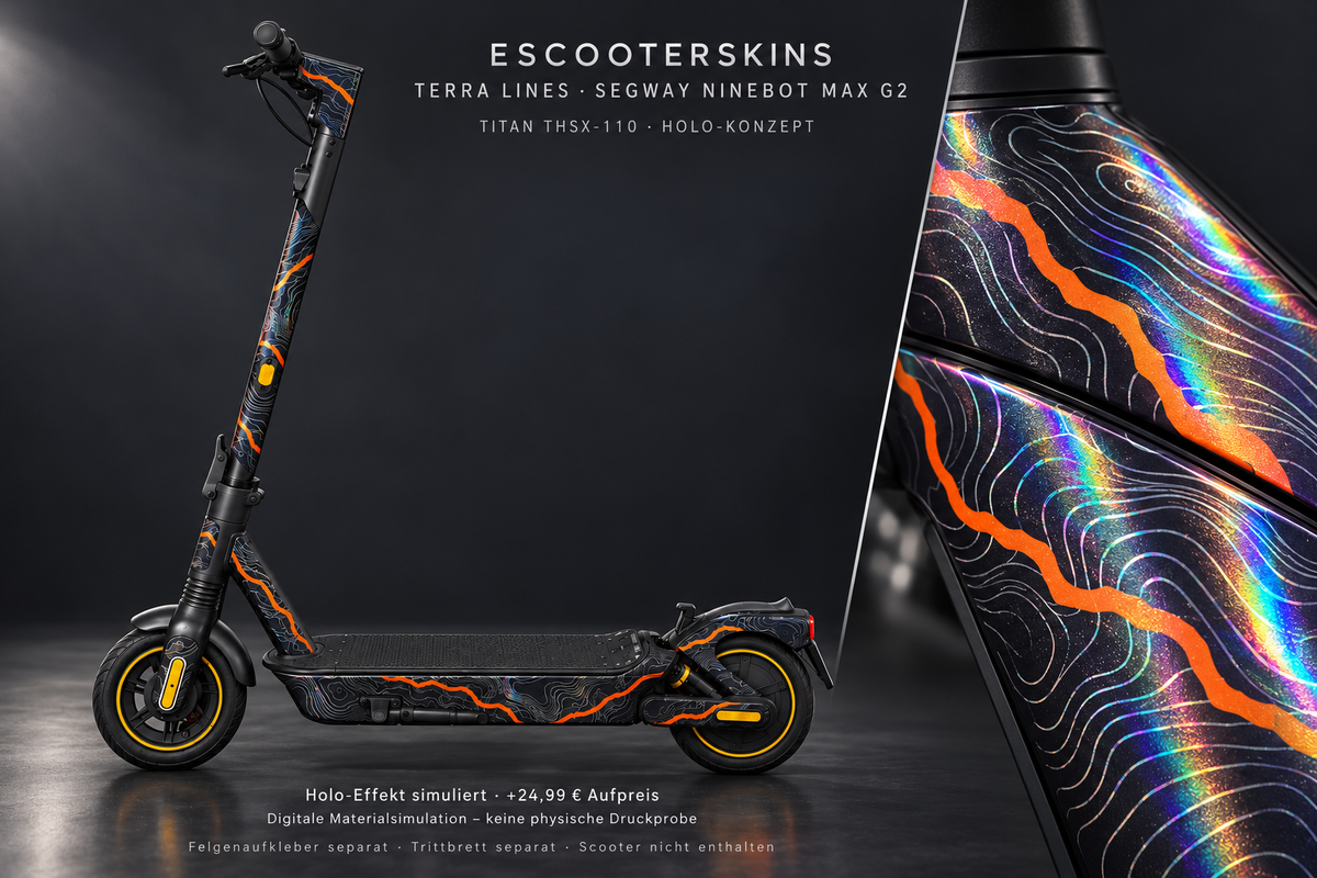 SEGWAY NINEBOT G2 MAX SKIN | TERRA LINES – Holo-Effekt simuliert; +24,99 EUR Aufpreis. Digitale Materialsimulation, keine physische Druckprobe. Nur Body-Skin; Trittbrett und Felgenaufkleber separat; Scooter nicht enthalten.