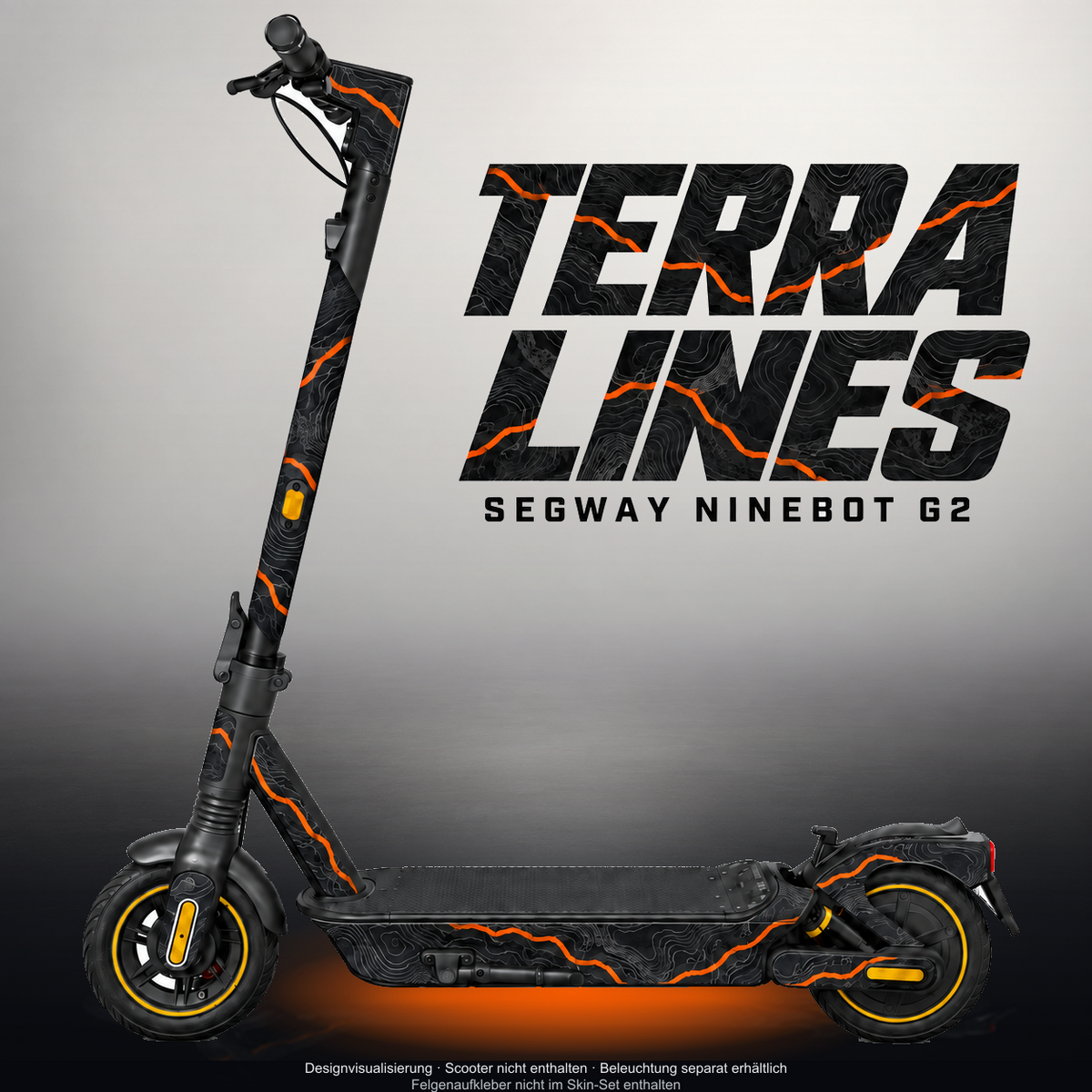 SEGWAY NINEBOT G2 MAX SKIN | TERRA LINES – Designvisualisierung mit Licht in der Skinfarbe; Scooter nicht enthalten, Beleuchtung separat erhältlich