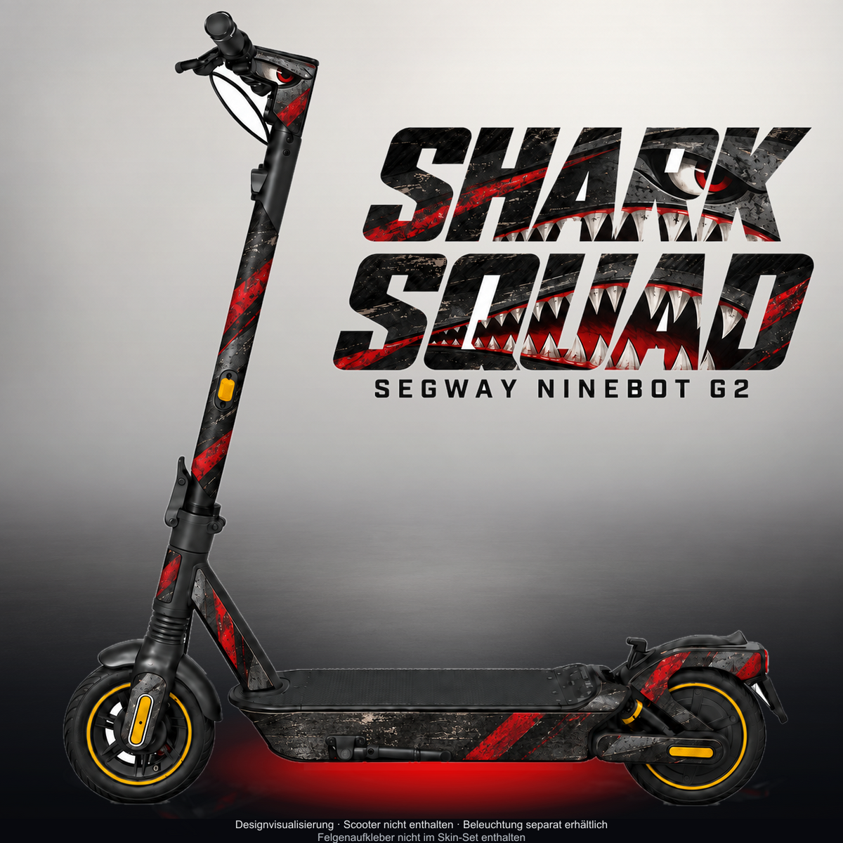 SEGWAY NINEBOT G2 MAX SKIN | SHARK SQUAD – Designvisualisierung mit Licht in der Skinfarbe; Scooter nicht enthalten, Beleuchtung separat erhältlich