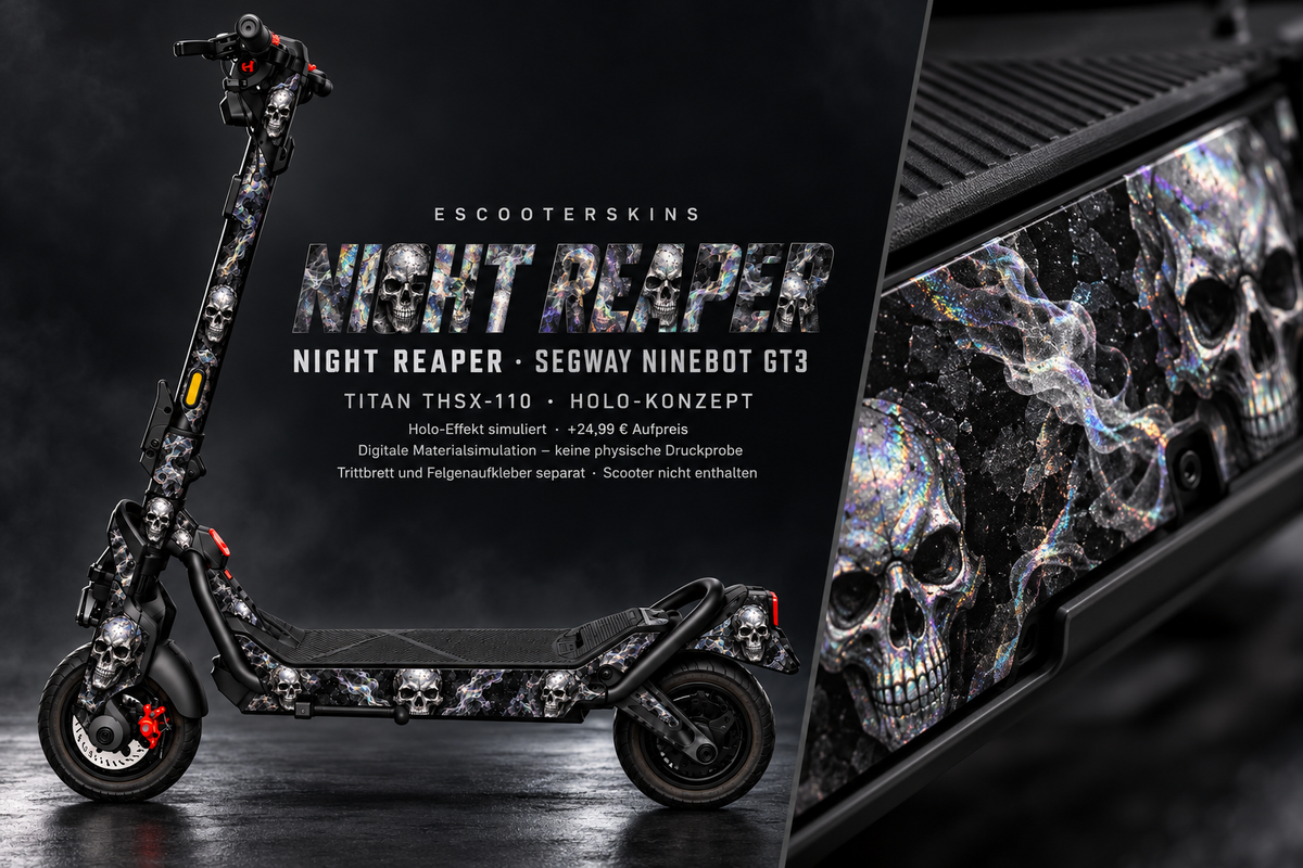 SEGWAY NINEBOT GT3 SKIN | NIGHT REAPER – Holo-Effekt simuliert; +24,99 EUR Aufpreis. Digitale Materialsimulation, keine physische Druckprobe. Nur Body-Skin; Trittbrett und Felgenaufkleber separat; Scooter nicht enthalten.