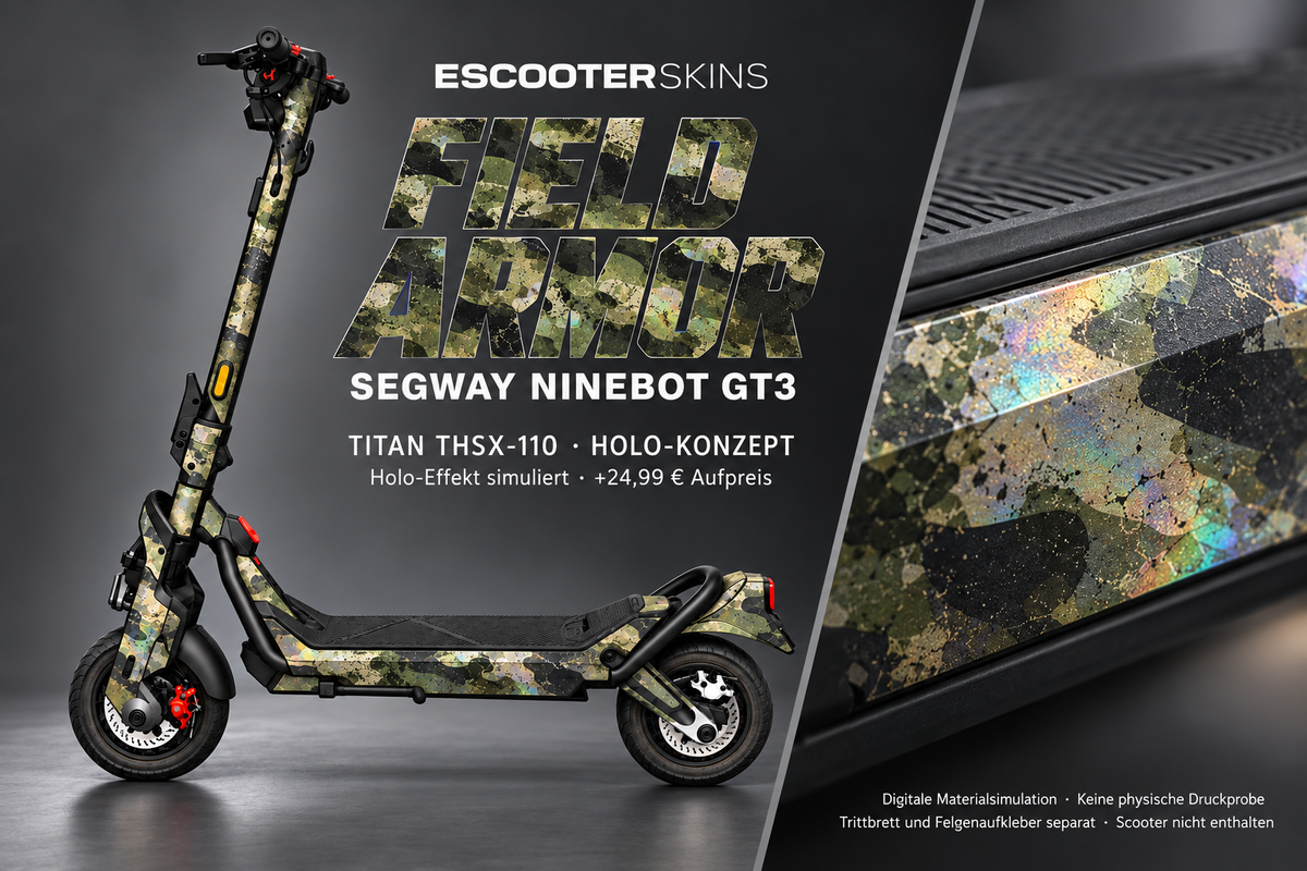 SEGWAY NINEBOT GT3 SKIN | FIELD ARMOR – Holo-Effekt simuliert; +24,99 EUR Aufpreis. Digitale Materialsimulation, keine physische Druckprobe. Nur Body-Skin; Trittbrett und Felgenaufkleber separat; Scooter nicht enthalten.