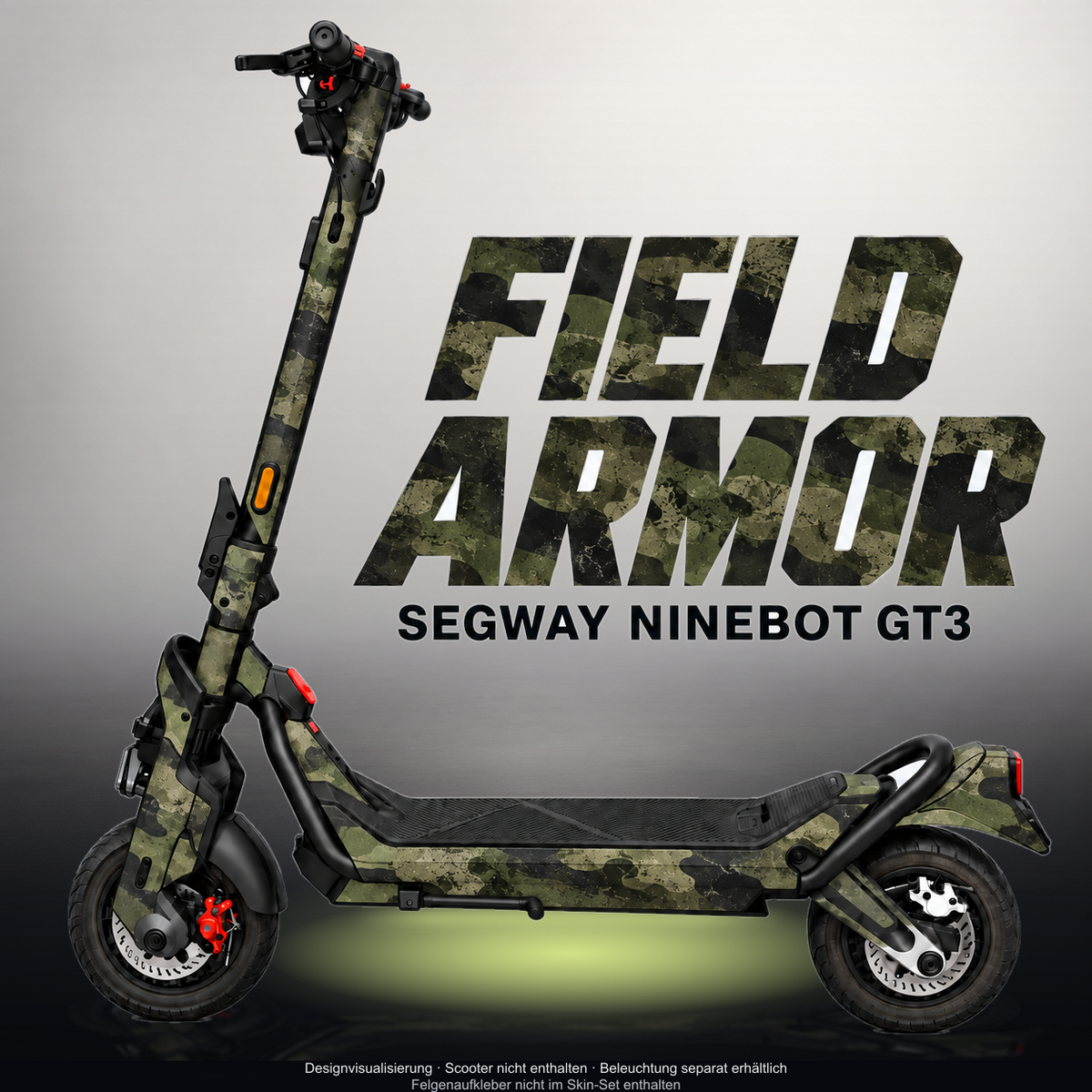 SEGWAY NINEBOT GT3 SKIN | FIELD ARMOR – Designvisualisierung mit Licht in der Skinfarbe; Scooter nicht enthalten, Beleuchtung separat erhältlich