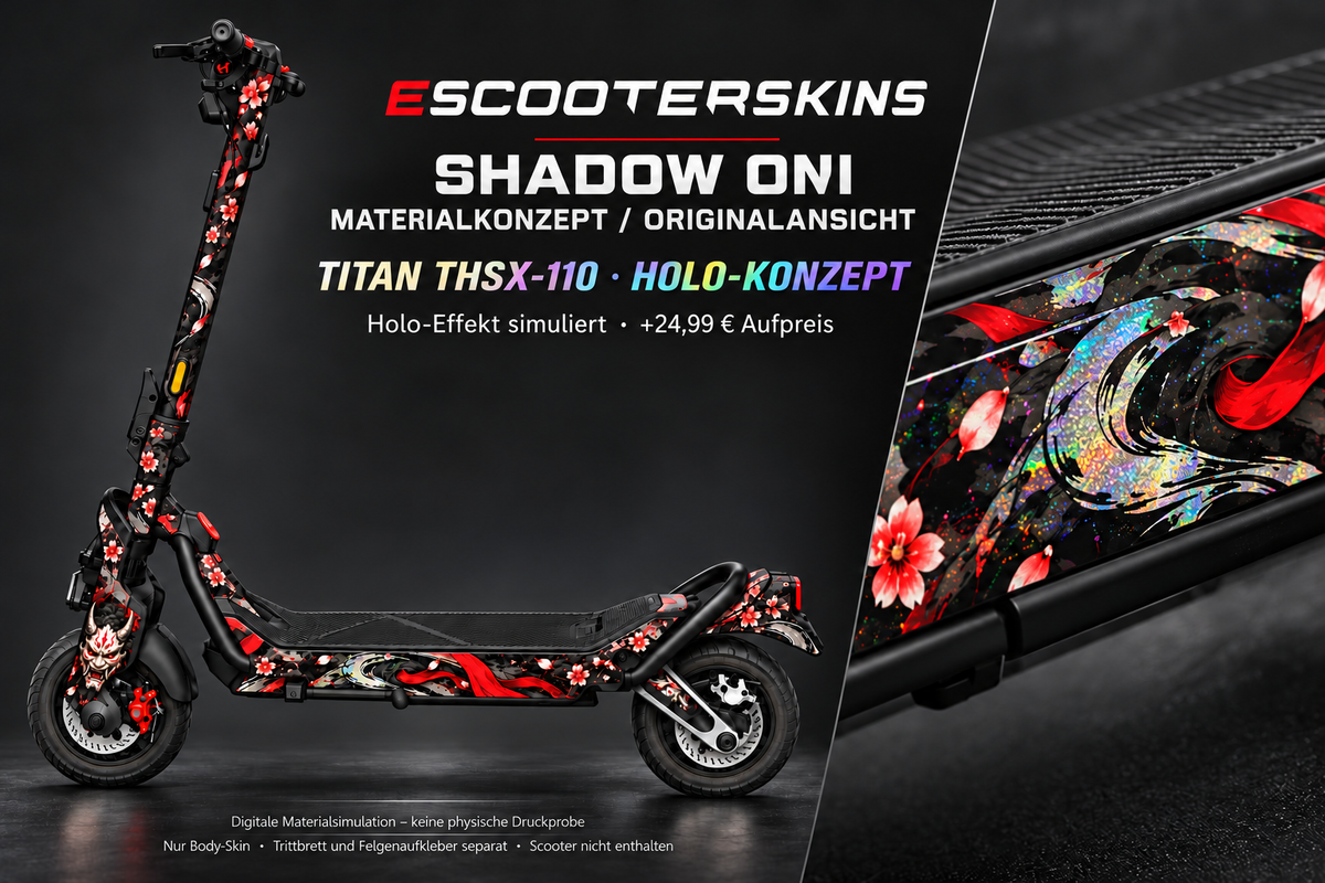 SHADOW ONI – Holo-Effekt simuliert; +24,99 EUR Aufpreis. Digitale Materialsimulation, keine physische Druckprobe. Nur Body-Skin; Trittbrett und Felgenaufkleber separat; Scooter nicht enthalten.