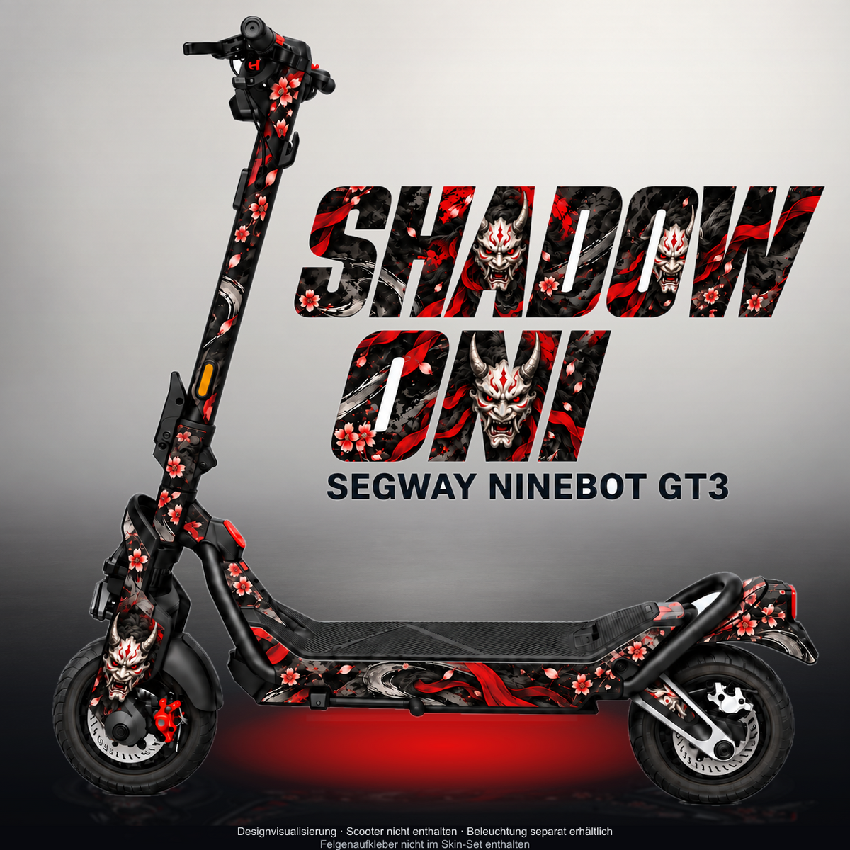 SEGWAY NINEBOT GT3 SKIN | SHADOW ONI – Designvisualisierung mit Licht in der Skinfarbe; Scooter nicht enthalten, Beleuchtung separat erhältlich