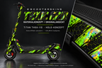 TOXIC GRID – Holo-Effekt simuliert; +24,99 EUR Aufpreis. Digitale Materialsimulation, keine physische Druckprobe. Nur Body-Skin; Trittbrett und Felgenaufkleber separat; Scooter nicht enthalten.