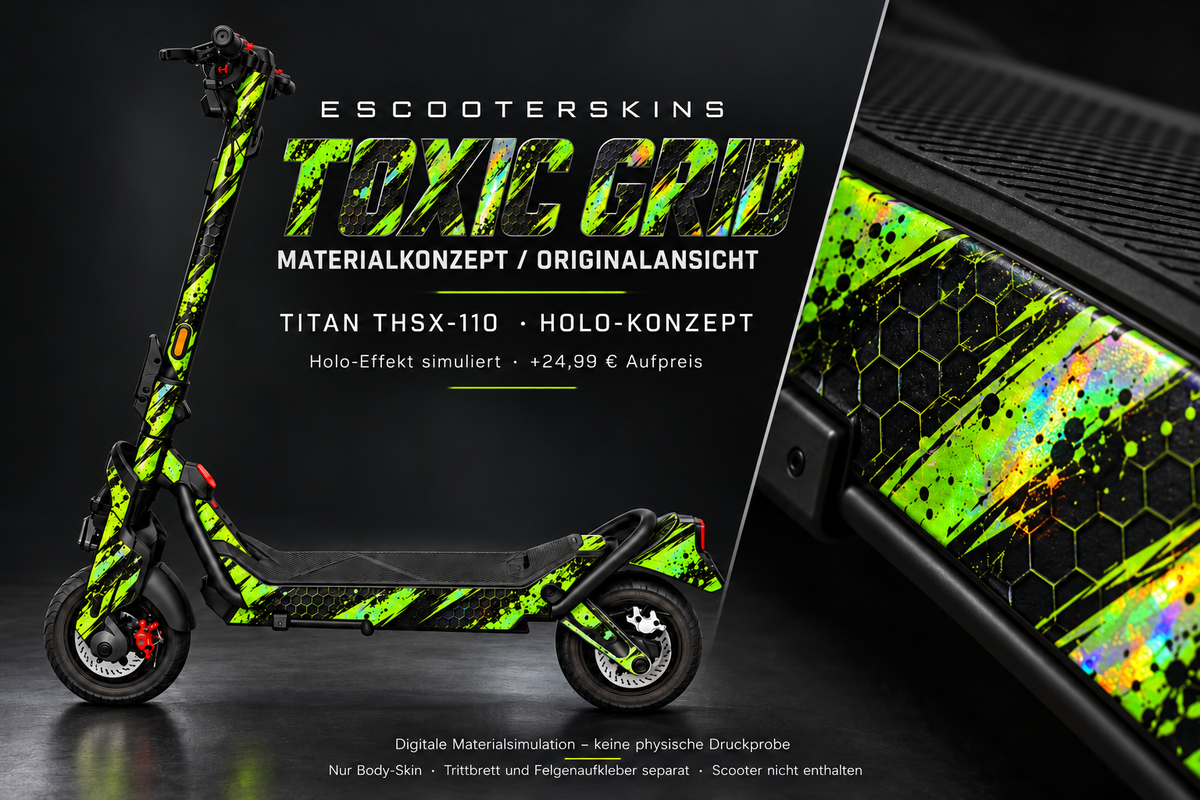 TOXIC GRID – Holo-Effekt simuliert; +24,99 EUR Aufpreis. Digitale Materialsimulation, keine physische Druckprobe. Nur Body-Skin; Trittbrett und Felgenaufkleber separat; Scooter nicht enthalten.
