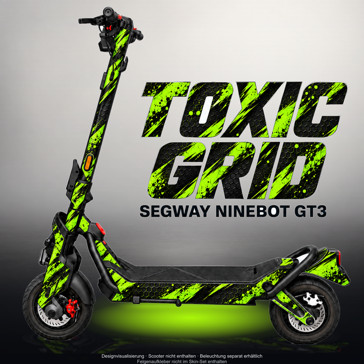 SEGWAY NINEBOT GT3 SKIN | TOXIC GRID – Designvisualisierung mit Licht in der Skinfarbe; Scooter nicht enthalten, Beleuchtung separat erhältlich