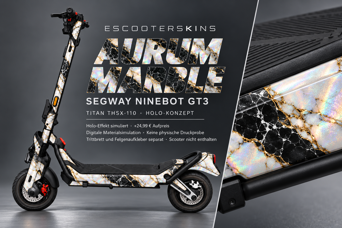 SEGWAY NINEBOT GT3 SKIN | AURUM MARBLE – Holo-Effekt simuliert; +24,99 EUR Aufpreis. Digitale Materialsimulation, keine physische Druckprobe. Nur Body-Skin; Trittbrett und Felgenaufkleber separat; Scooter nicht enthalten.