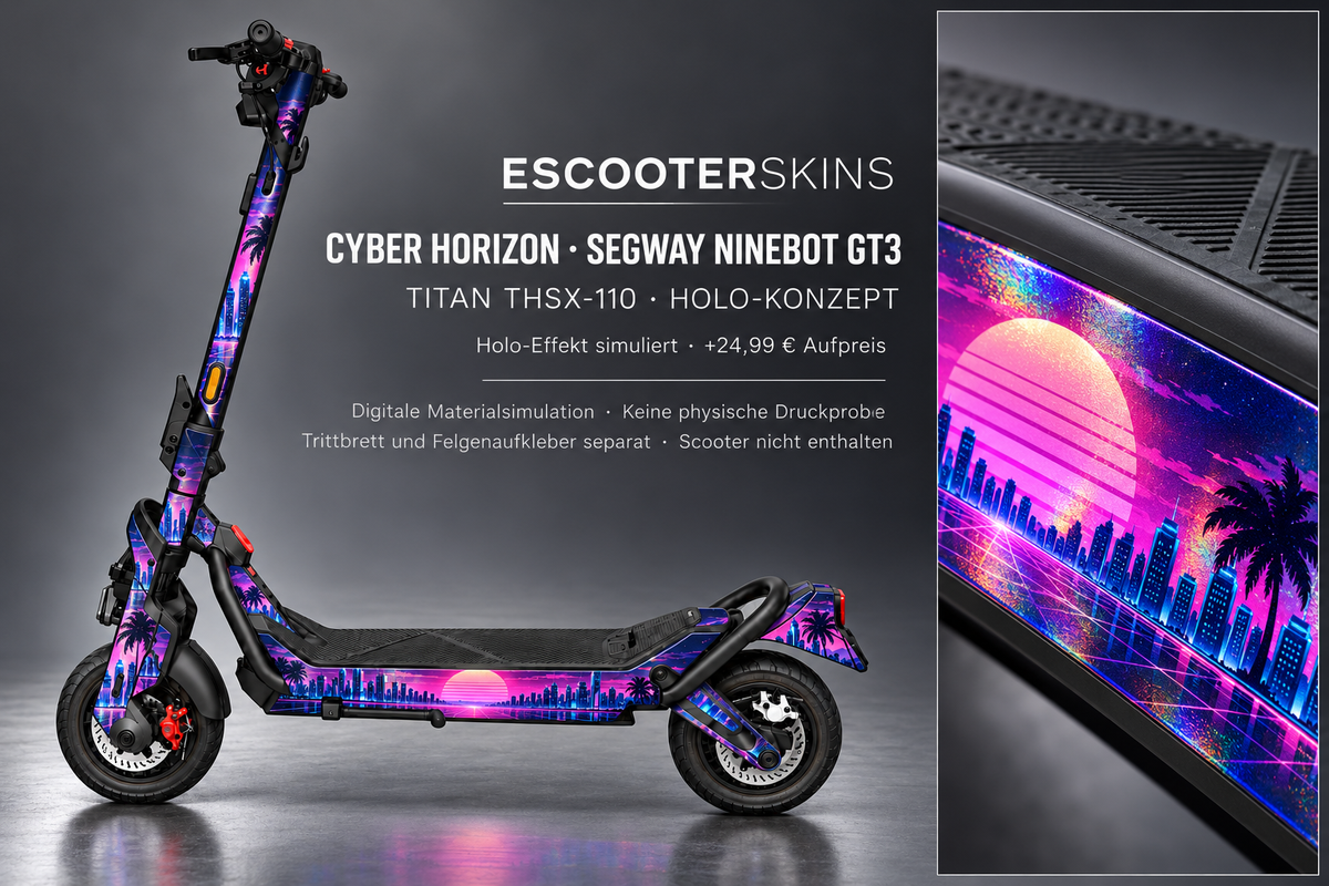 SEGWAY NINEBOT GT3 SKIN | CYBER HORIZON – Holo-Effekt simuliert; +24,99 EUR Aufpreis. Digitale Materialsimulation, keine physische Druckprobe. Nur Body-Skin; Trittbrett und Felgenaufkleber separat; Scooter nicht enthalten.