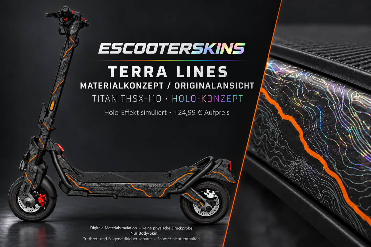 TERRA LINES – Holo-Effekt simuliert; +24,99 EUR Aufpreis. Digitale Materialsimulation, keine physische Druckprobe. Nur Body-Skin; Trittbrett und Felgenaufkleber separat; Scooter nicht enthalten.